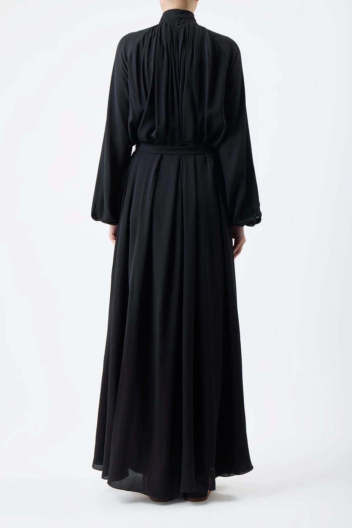 Cedric Pleated Maxi Dress in Black Silk Georgette Twill