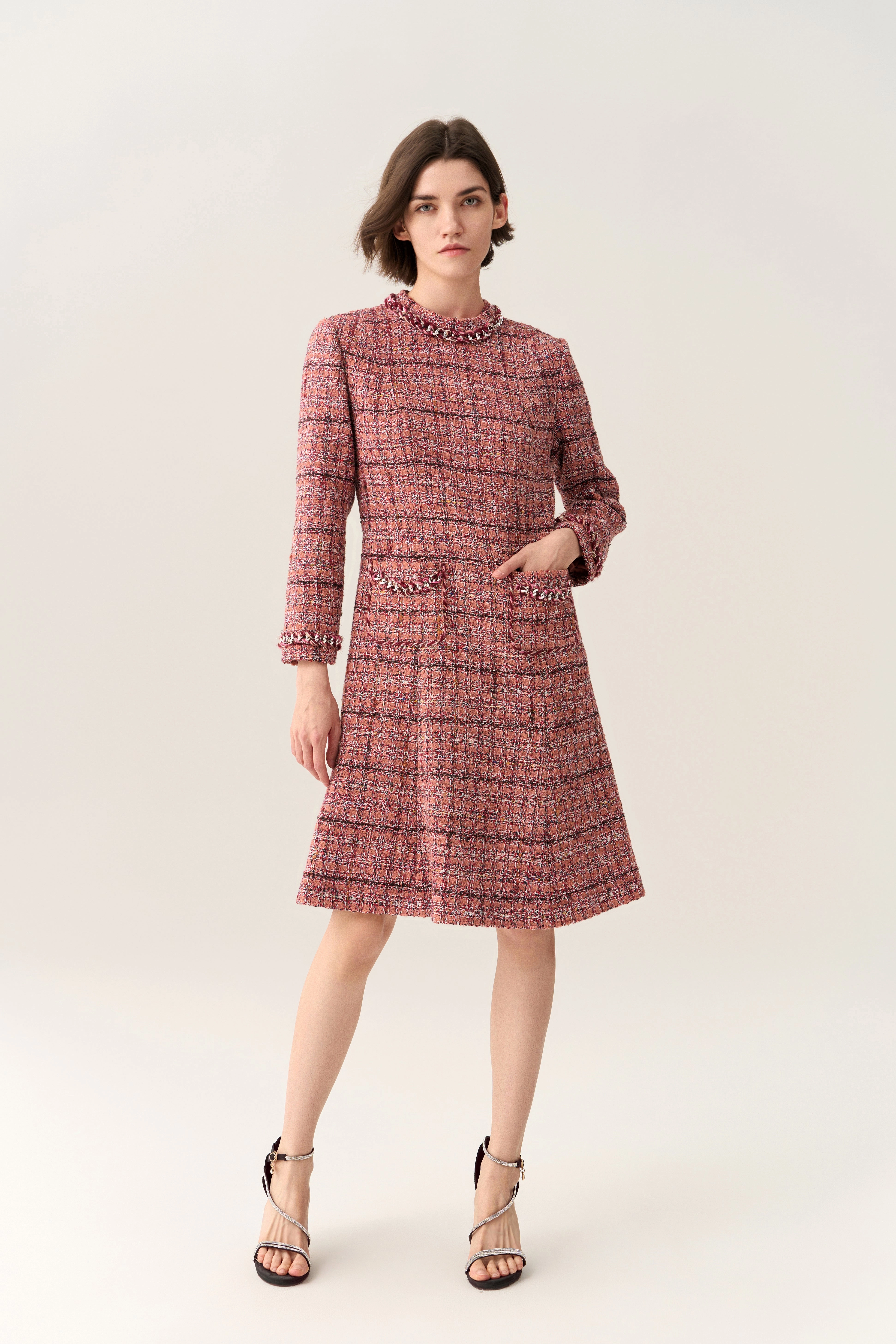 Checked Braid-trim Patch Pocket A-line Dress