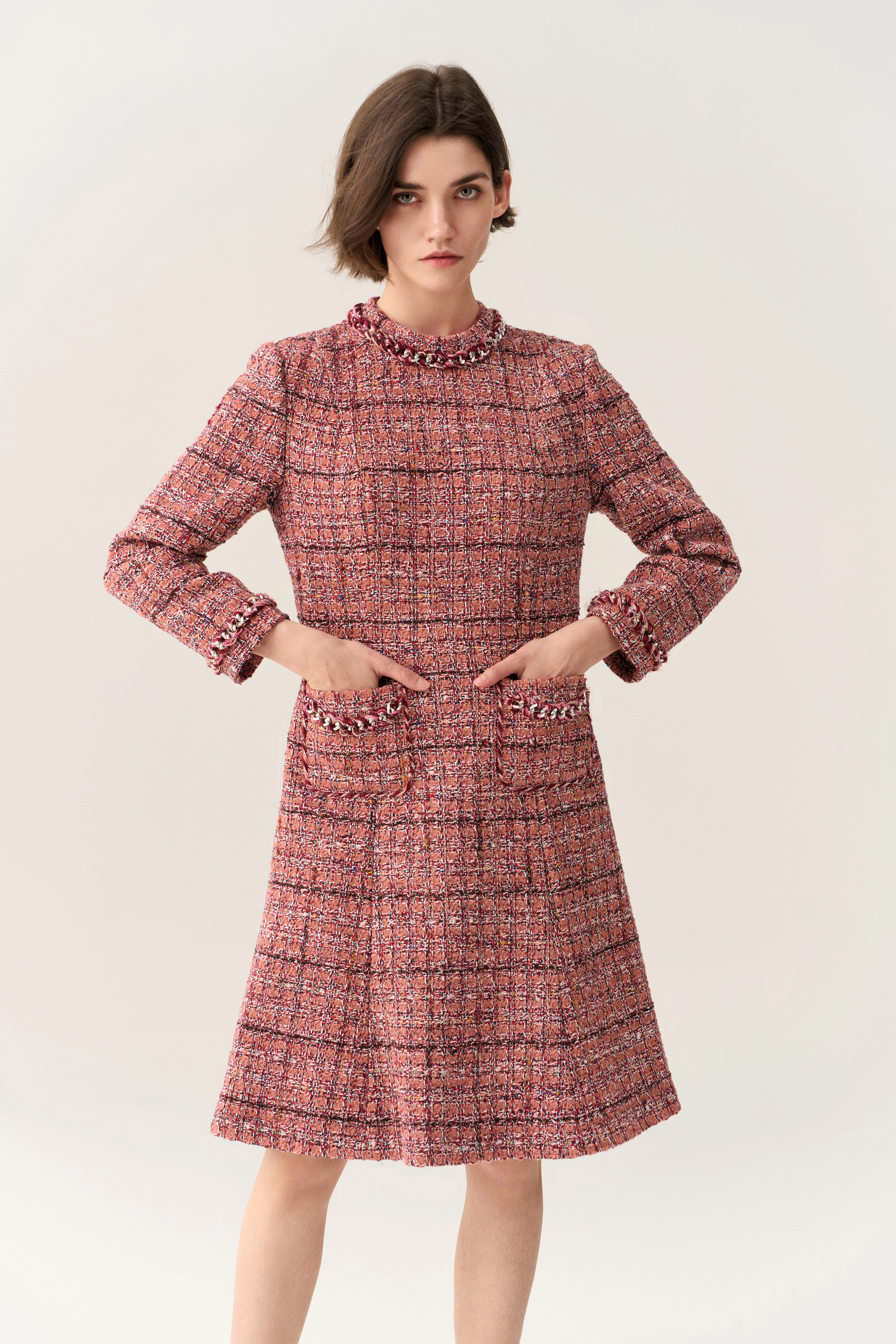 Checked Braid-trim Patch Pocket A-line Dress