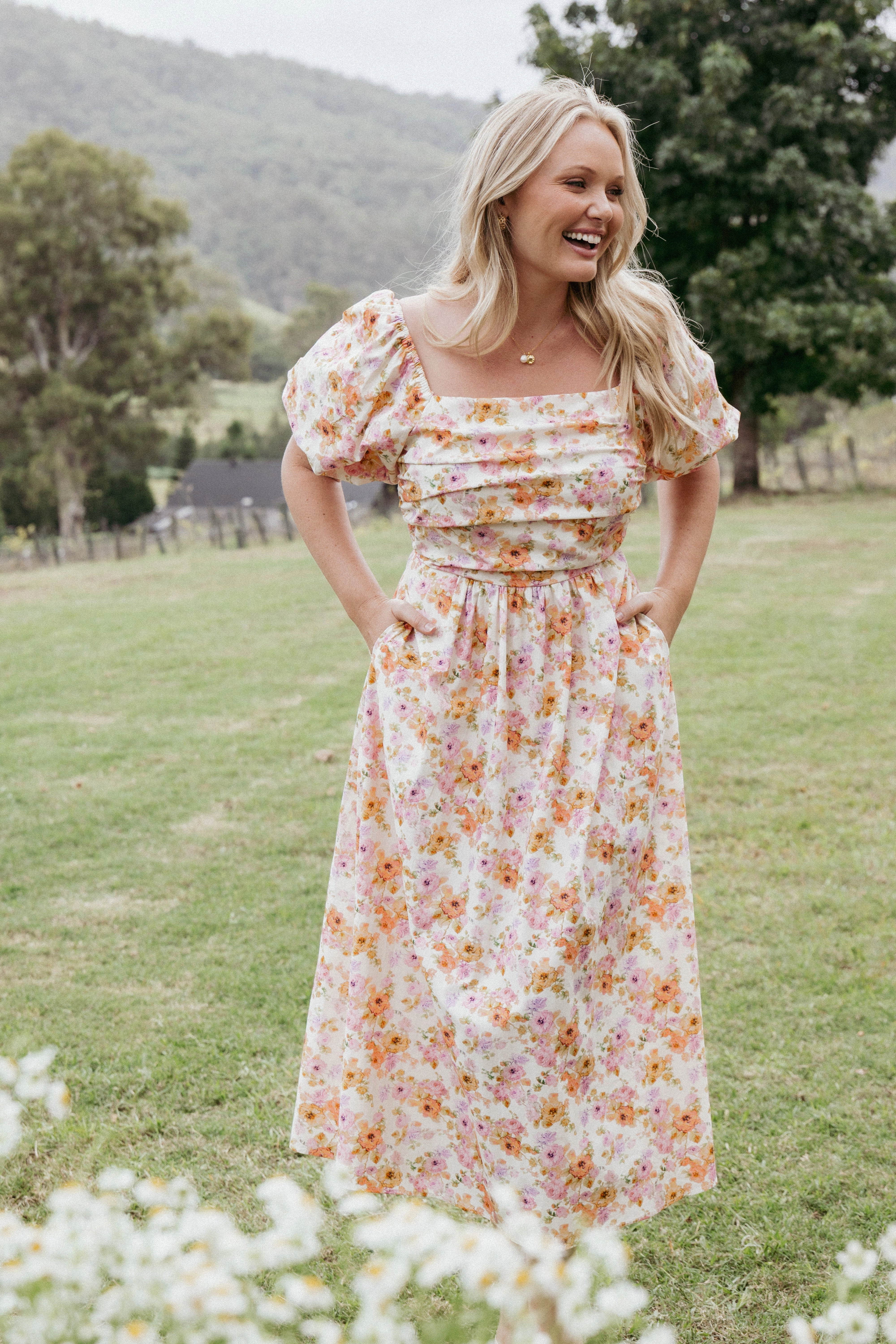 Clo Puff Sleeve Midi Dress - Peach Floral