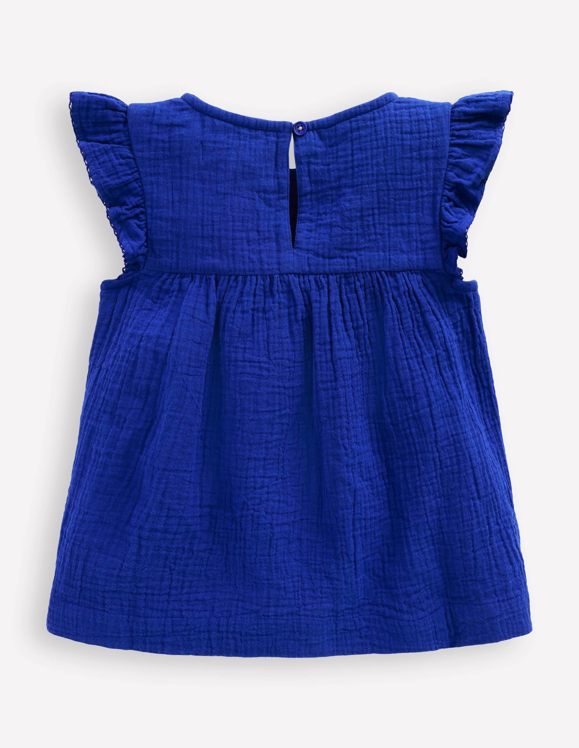 Double Cloth Frill Sleeve Top-Kingfisher Blue Embroidered