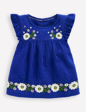 Double Cloth Frill Sleeve Top-Kingfisher Blue Embroidered