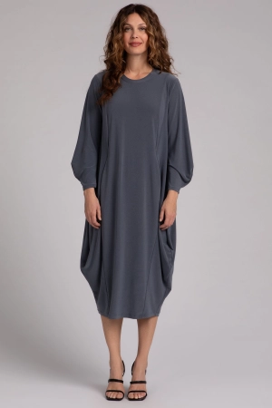 Easy Crew Neck Lantern Dress | Melange Gunmetal