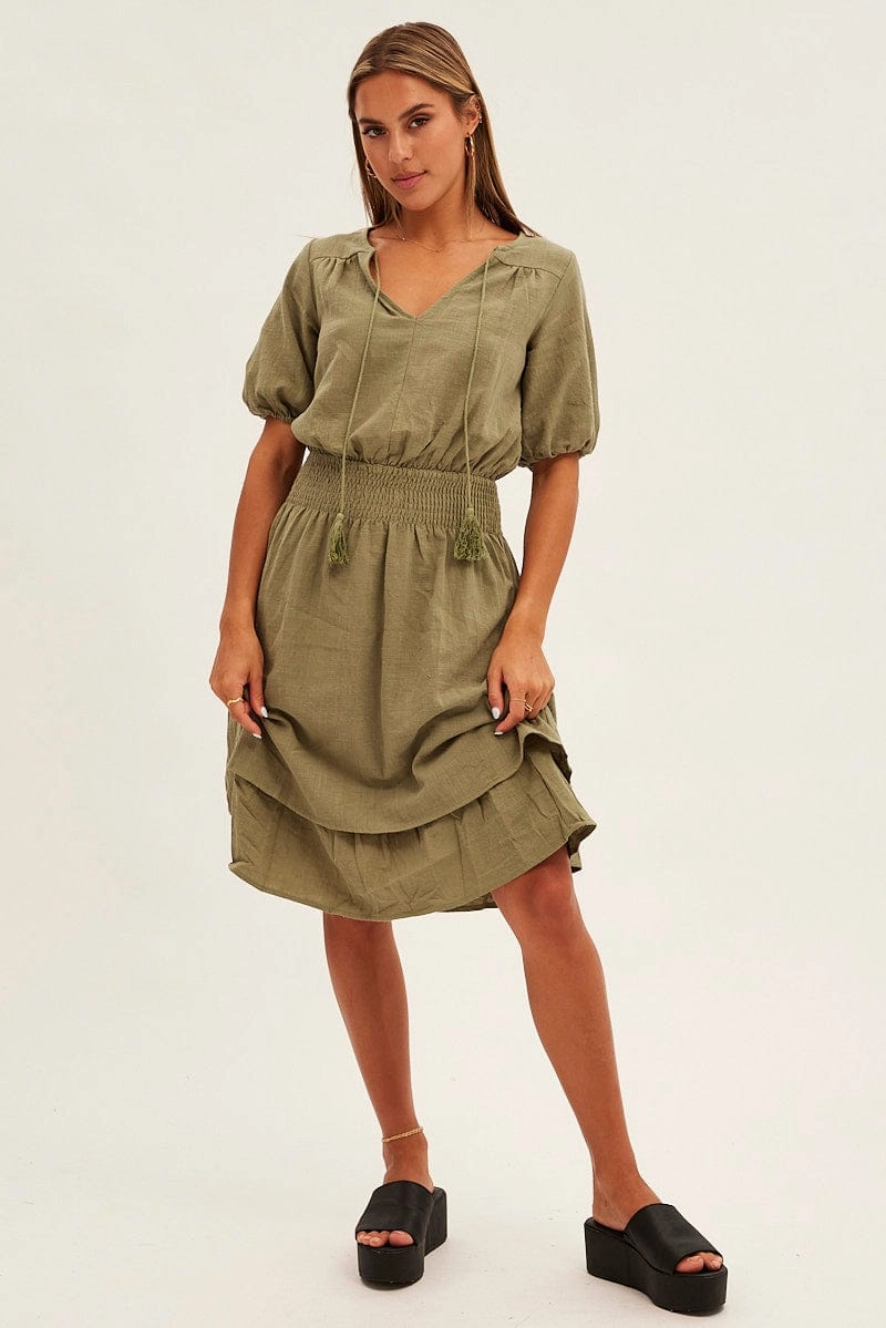Green Midi Dress Short Sleeve V Neck