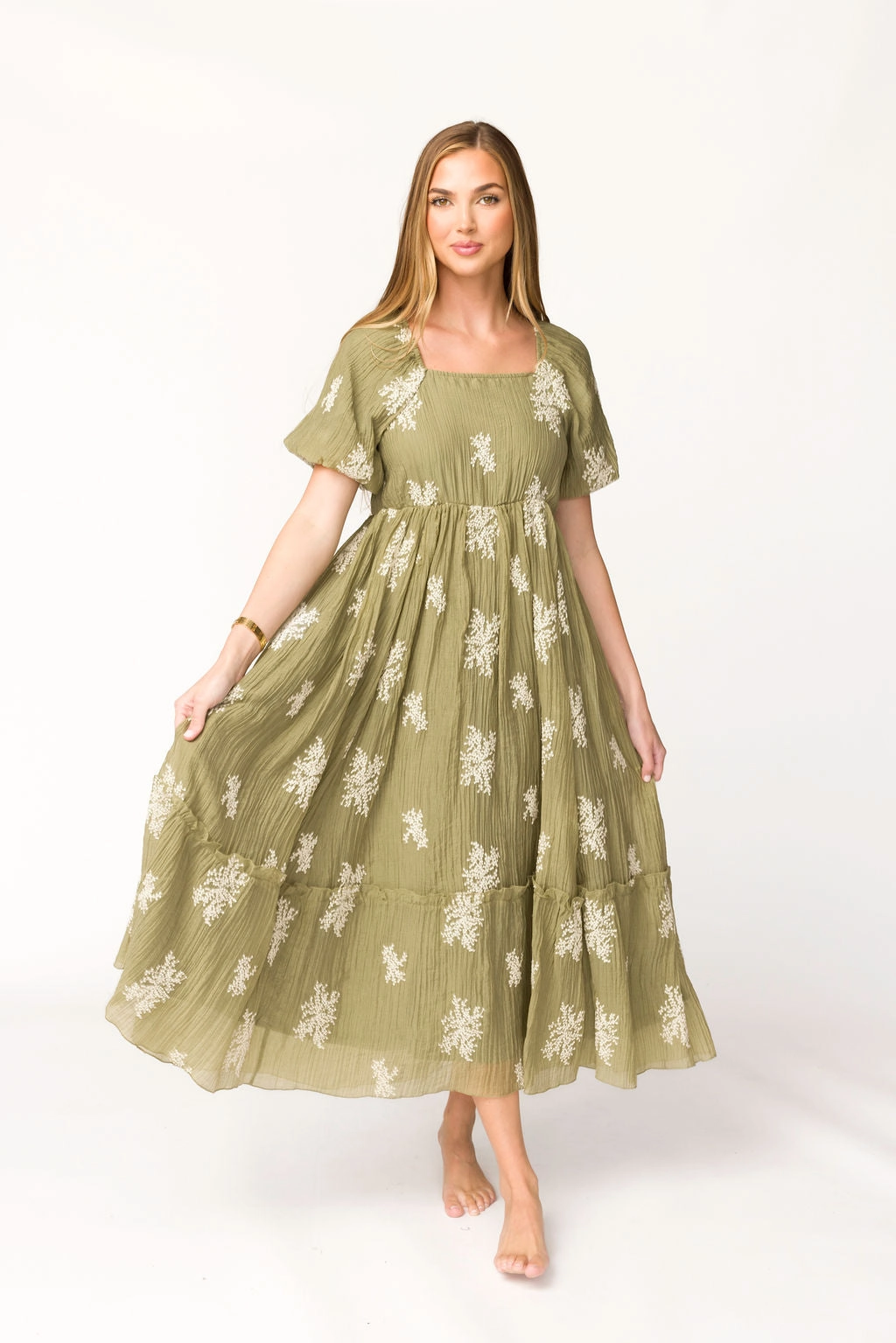 Hallie Embroidered Maxi Dress in Olive - Bump Friendly & Inclusive Sizing (S-3XL)