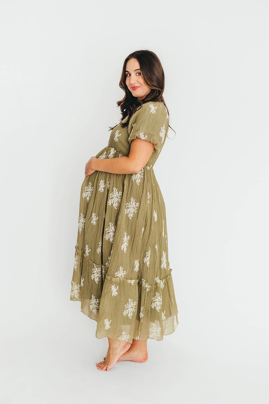 Hallie Embroidered Maxi Dress in Olive - Bump Friendly & Inclusive Sizing (S-3XL)