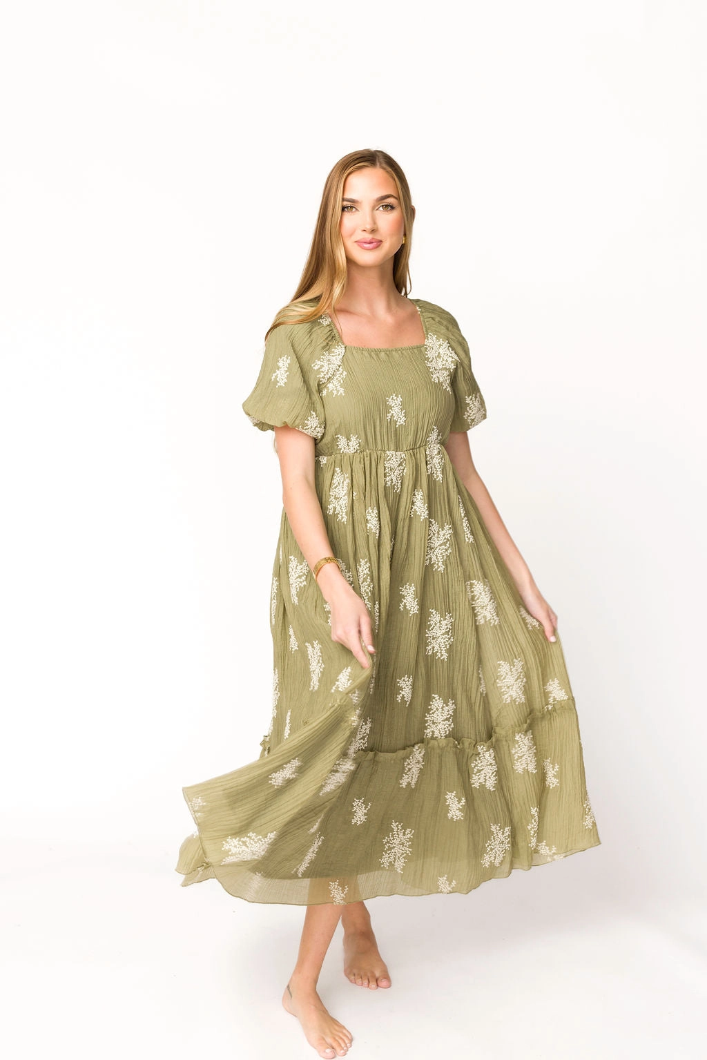 Hallie Embroidered Maxi Dress in Olive - Bump Friendly & Inclusive Sizing (S-3XL)