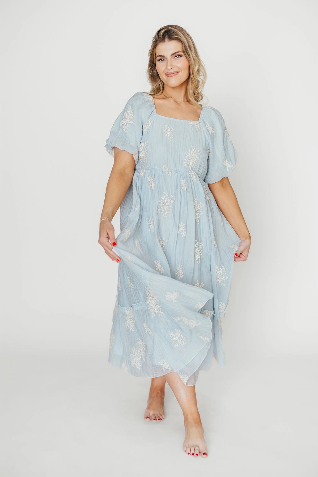 Hallie Embroidered Maxi Dress in Powder Blue - Bump Friendly & Inclusive Sizing (S-3XL)
