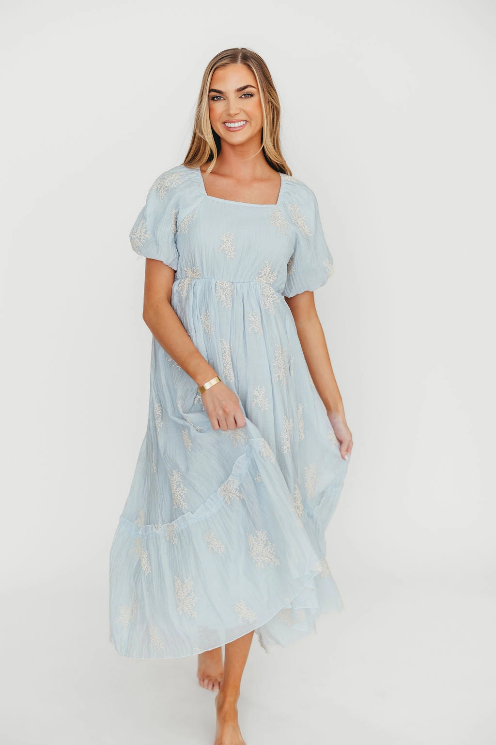 Hallie Embroidered Maxi Dress in Powder Blue - Bump Friendly & Inclusive Sizing (S-3XL)