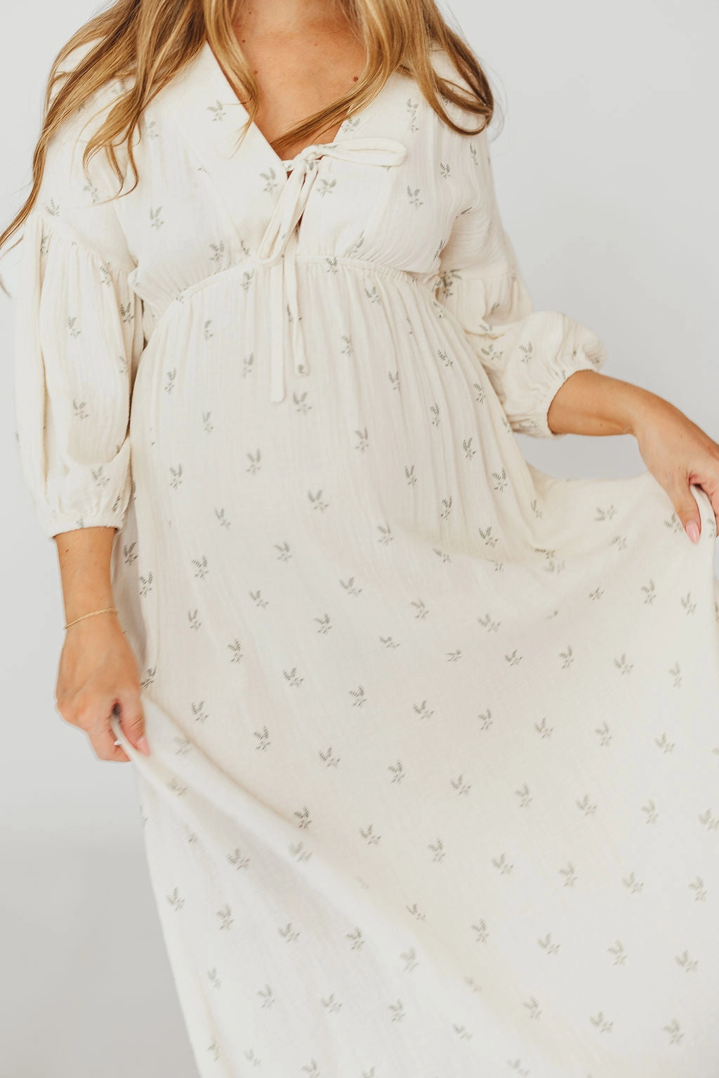 Hunter 100% Cotton Gauze Midi Dress in Soy/Sage Foliage - Bump Friendly and Inclusive Sizing