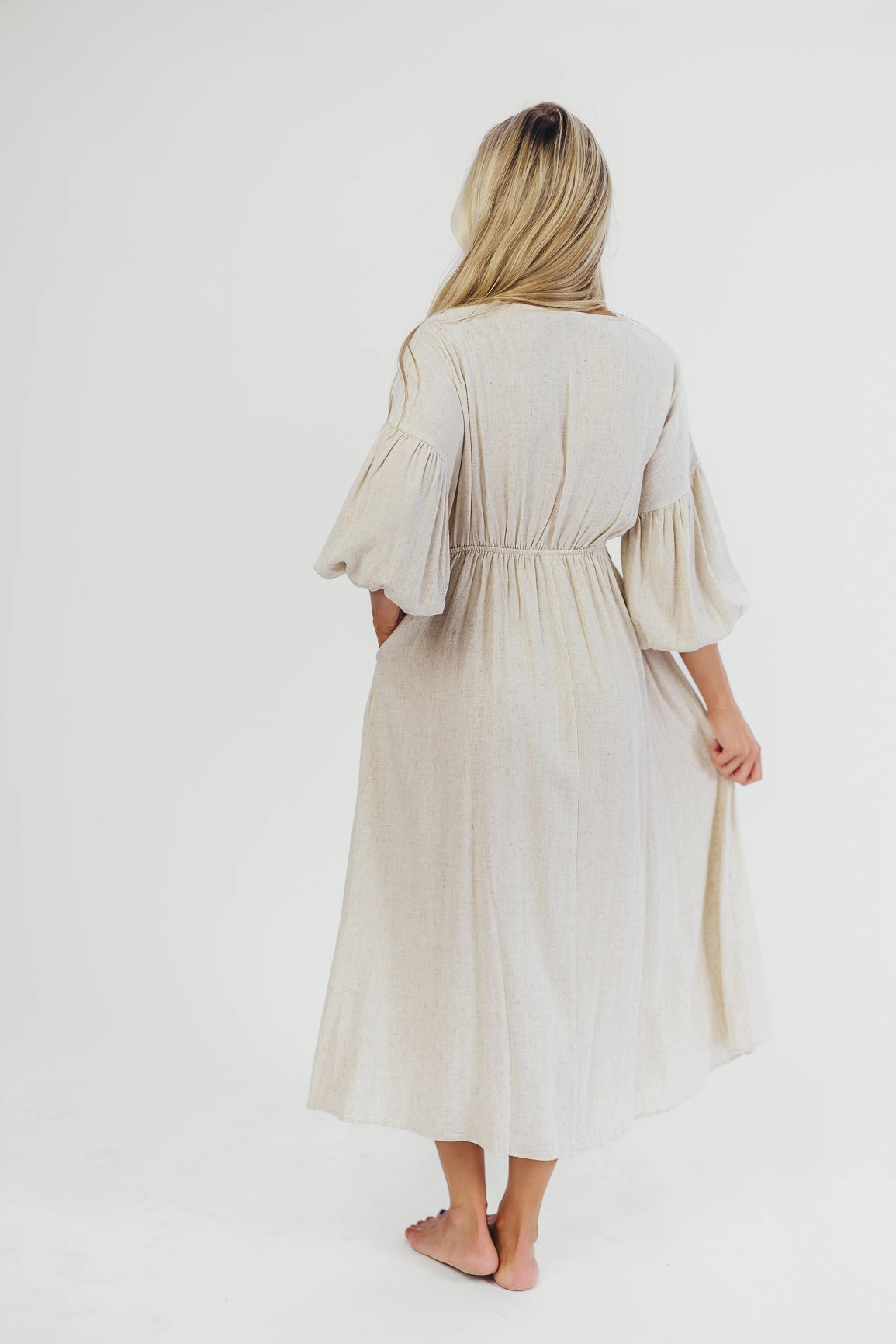 Hunter Linen-Blend Midi Dress in Greige - Bump Friendly and Inclusive Sizing