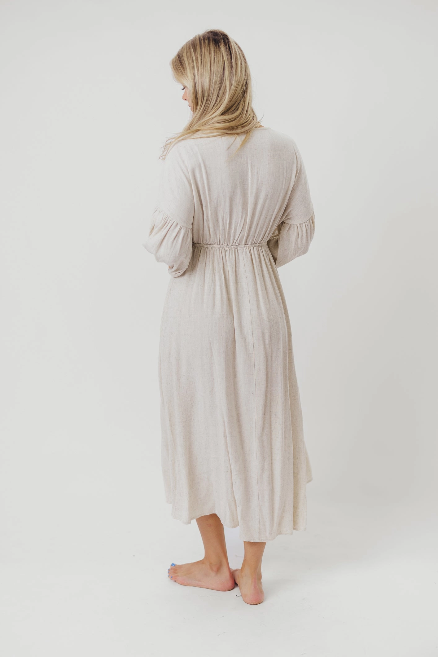 Hunter Linen-Blend Midi Dress in Greige - Bump Friendly and Inclusive Sizing