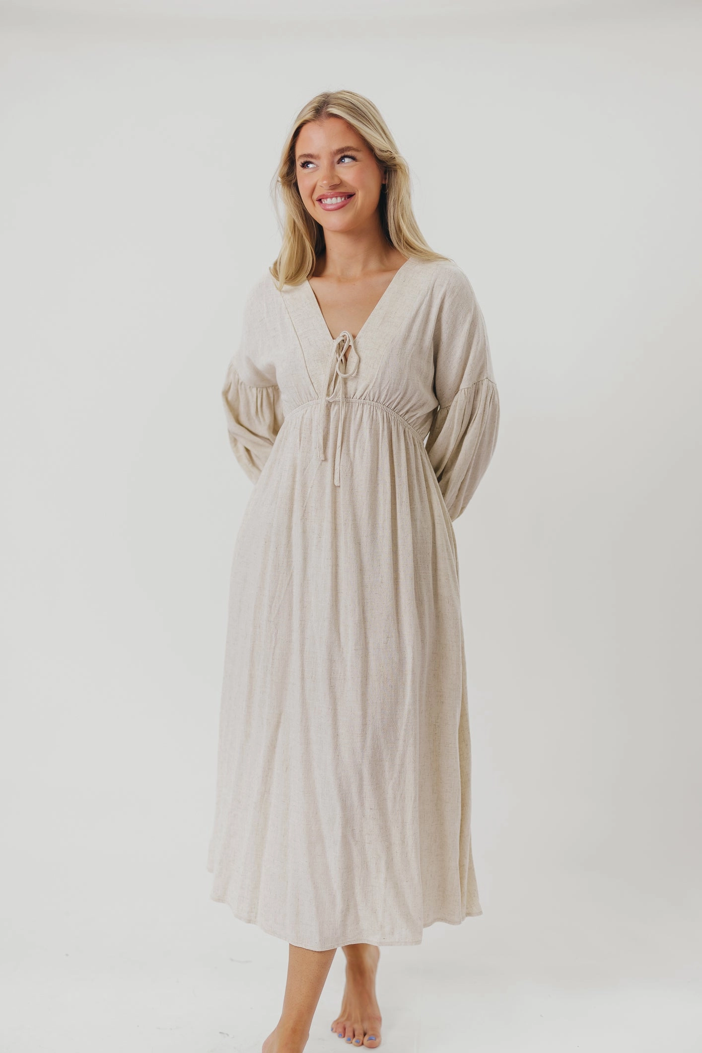 Hunter Linen-Blend Midi Dress in Greige - Bump Friendly and Inclusive Sizing