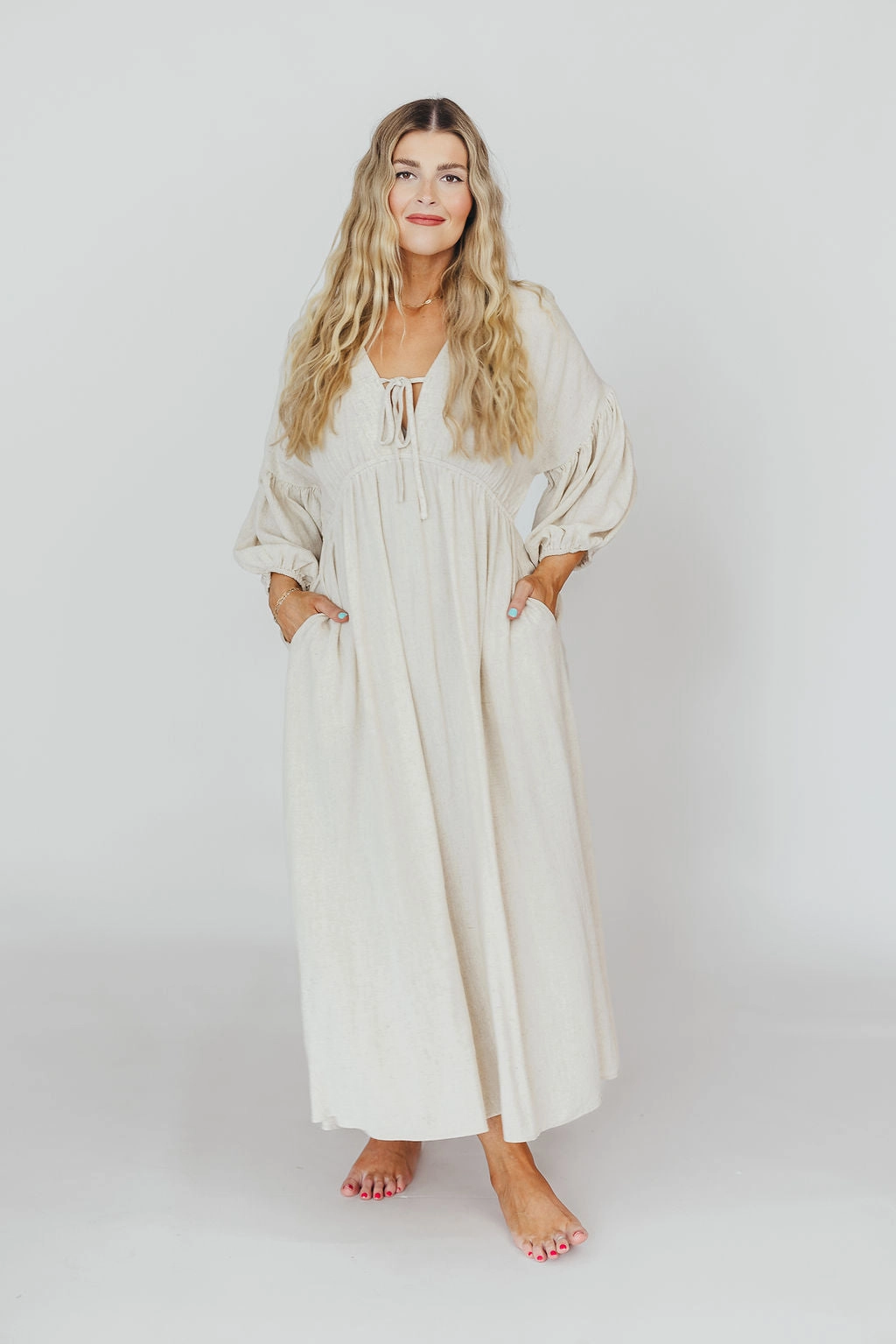 Hunter Linen-Blend Midi Dress in Greige - Bump Friendly and Inclusive Sizing