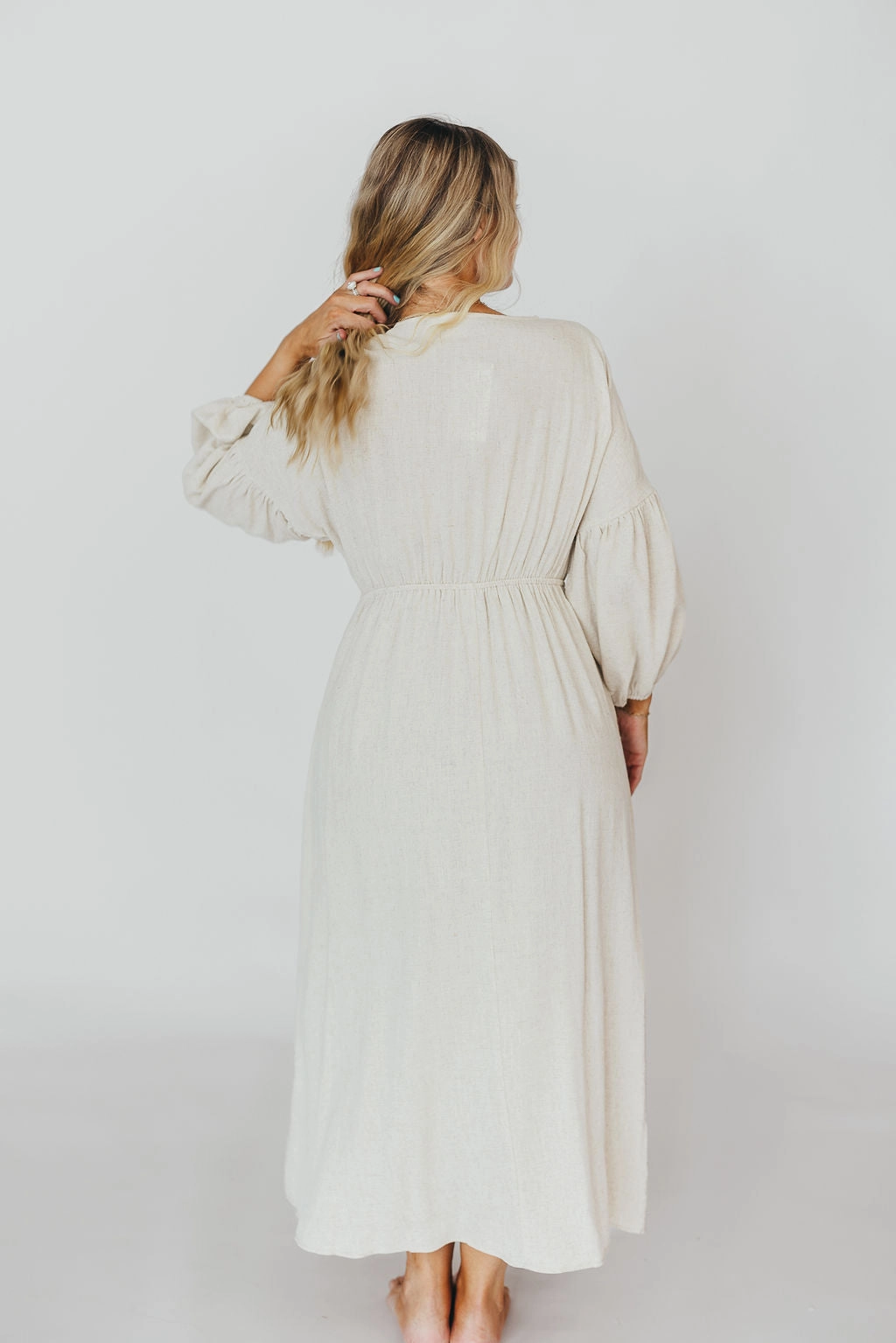 Hunter Linen-Blend Midi Dress in Greige - Bump Friendly and Inclusive Sizing