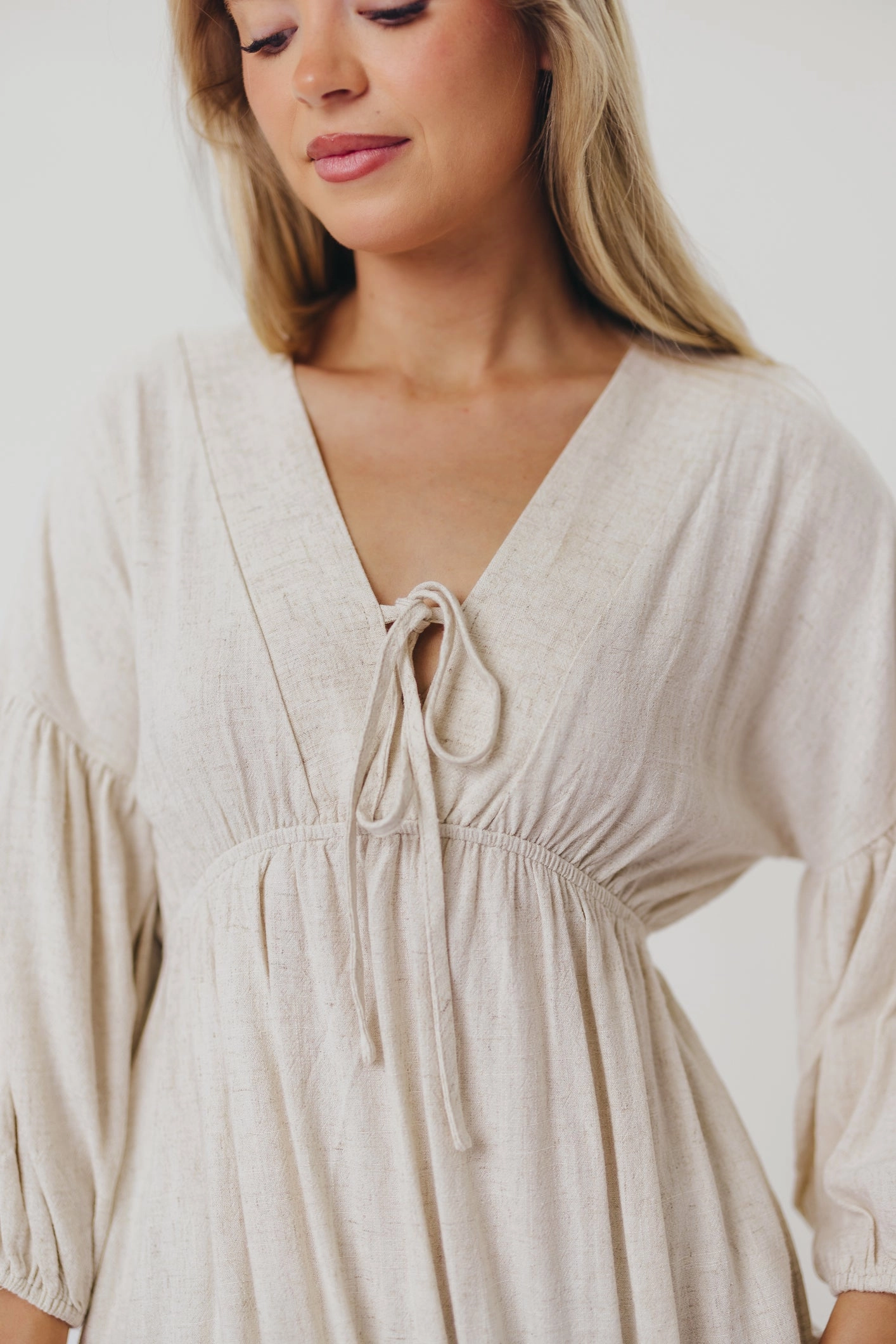 Hunter Linen-Blend Midi Dress in Greige - Bump Friendly and Inclusive Sizing
