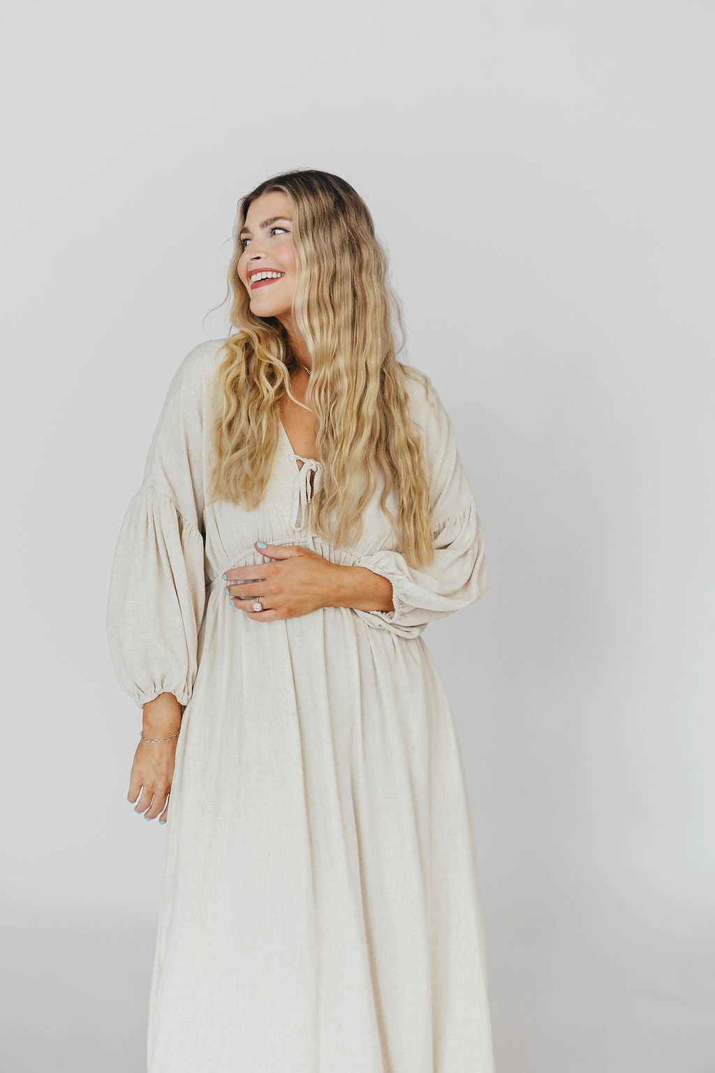 Hunter Linen-Blend Midi Dress in Greige - Bump Friendly and Inclusive Sizing