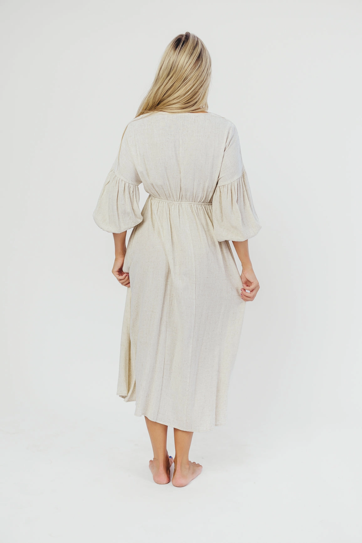 Hunter Linen-Blend Midi Dress in Greige - Bump Friendly and Inclusive Sizing