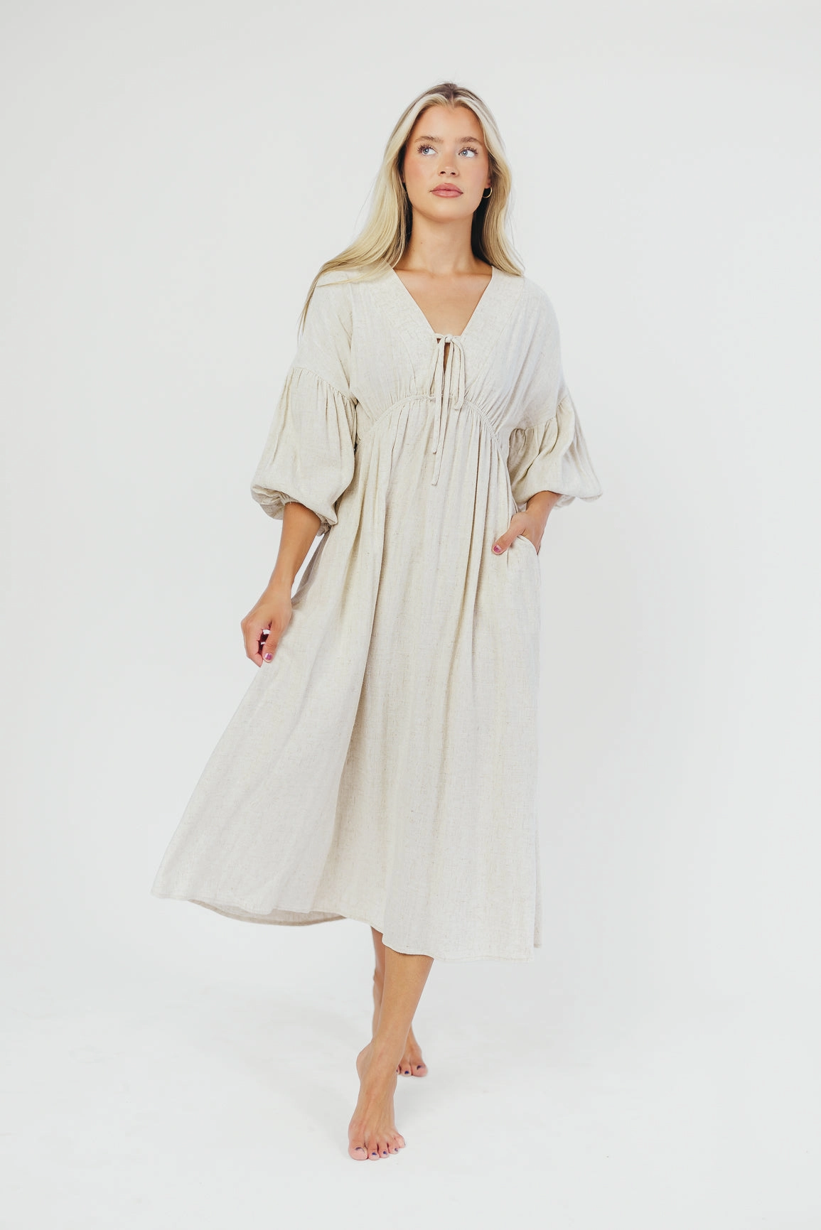 Hunter Linen-Blend Midi Dress in Greige - Bump Friendly and Inclusive Sizing