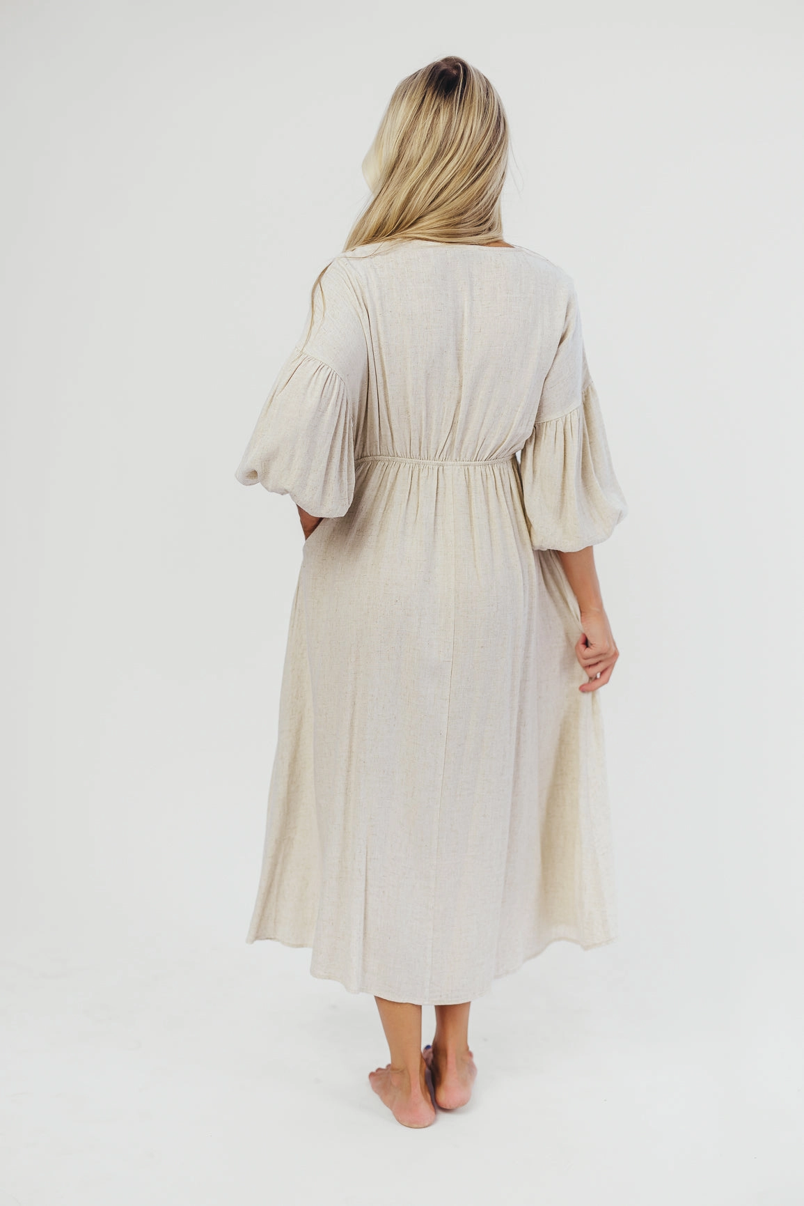 Hunter Linen-Blend Midi Dress in Greige - Bump Friendly and Inclusive Sizing