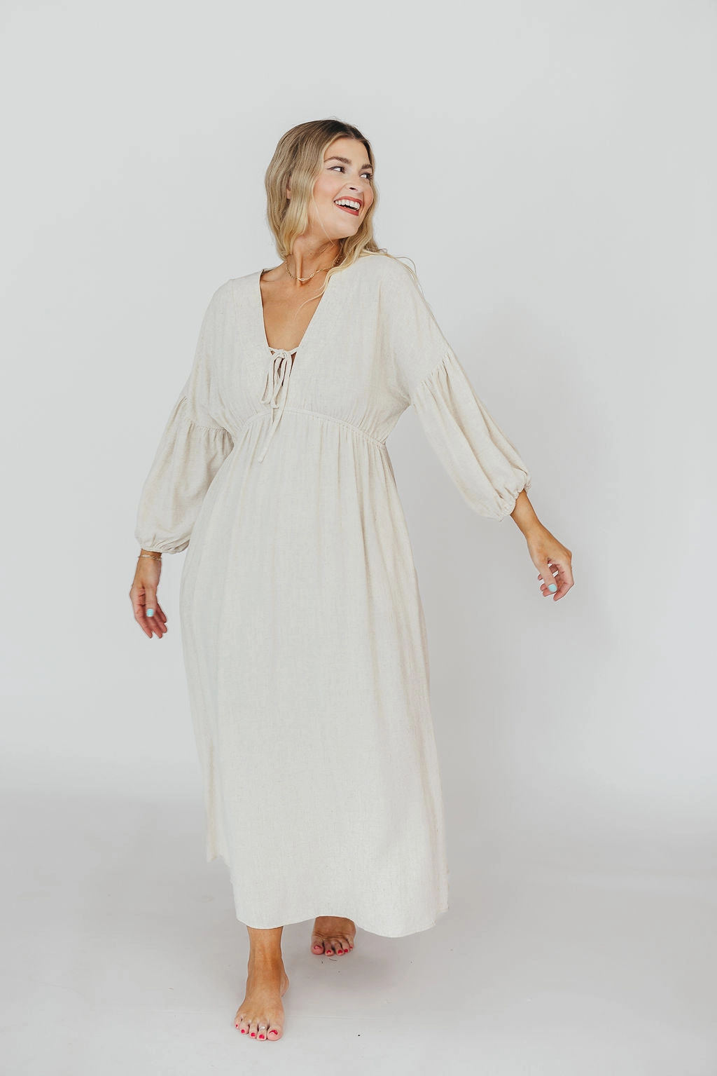 Hunter Linen-Blend Midi Dress in Greige - Bump Friendly and Inclusive Sizing