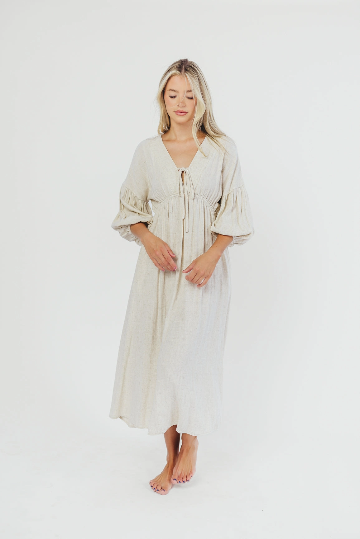 Hunter Linen-Blend Midi Dress in Greige - Bump Friendly and Inclusive Sizing