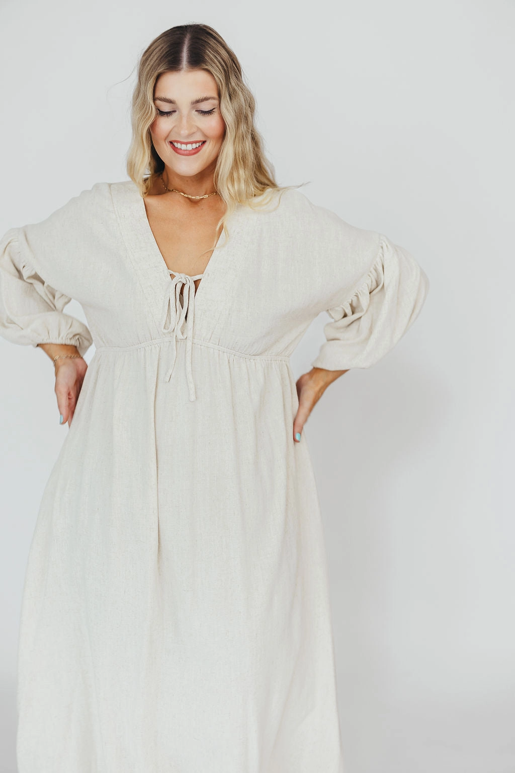 Hunter Linen-Blend Midi Dress in Greige - Bump Friendly and Inclusive Sizing
