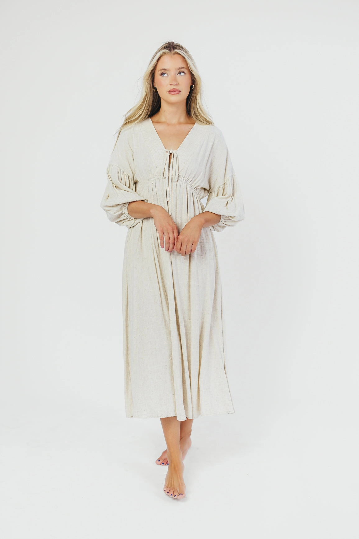 Hunter Linen-Blend Midi Dress in Greige - Bump Friendly and Inclusive Sizing