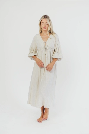 Hunter Linen-Blend Midi Dress in Greige - Bump Friendly and Inclusive Sizing