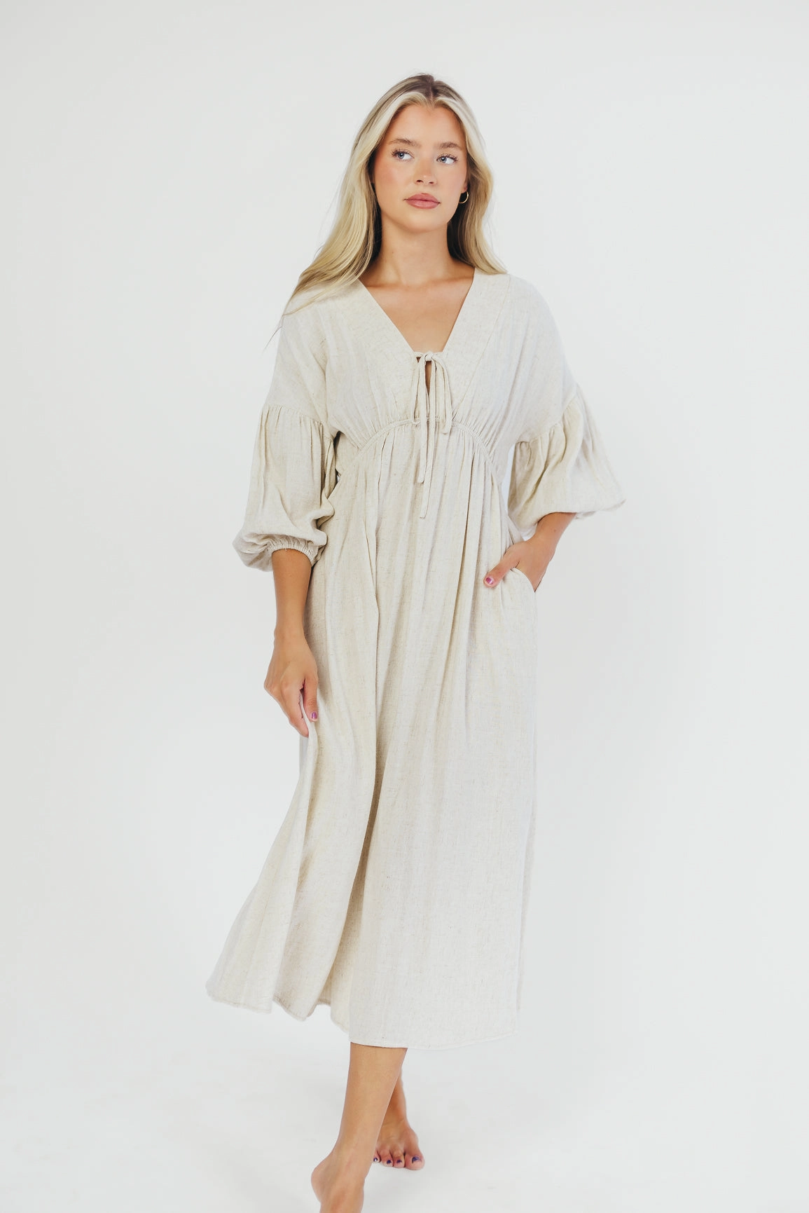 Hunter Linen-Blend Midi Dress in Greige - Bump Friendly and Inclusive Sizing