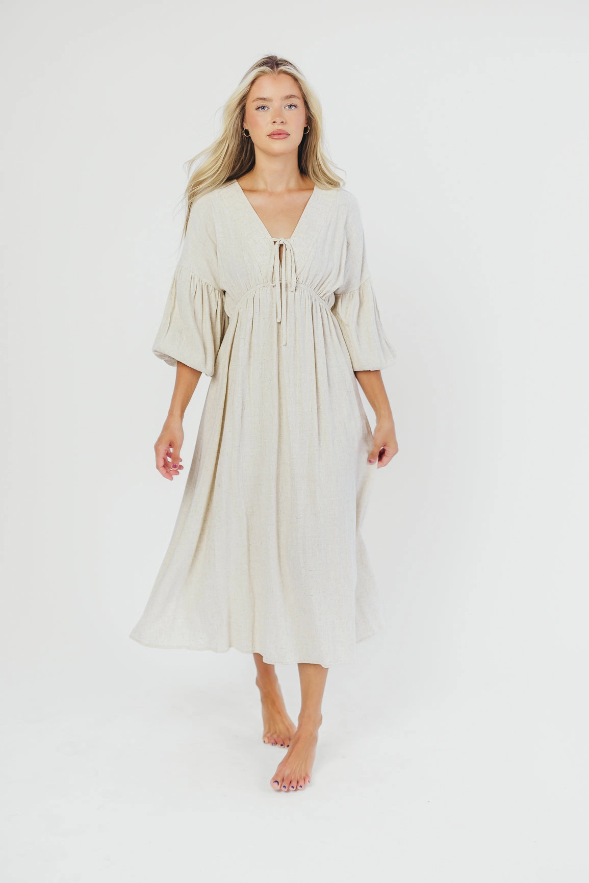 Hunter Linen-Blend Midi Dress in Greige - Bump Friendly and Inclusive Sizing