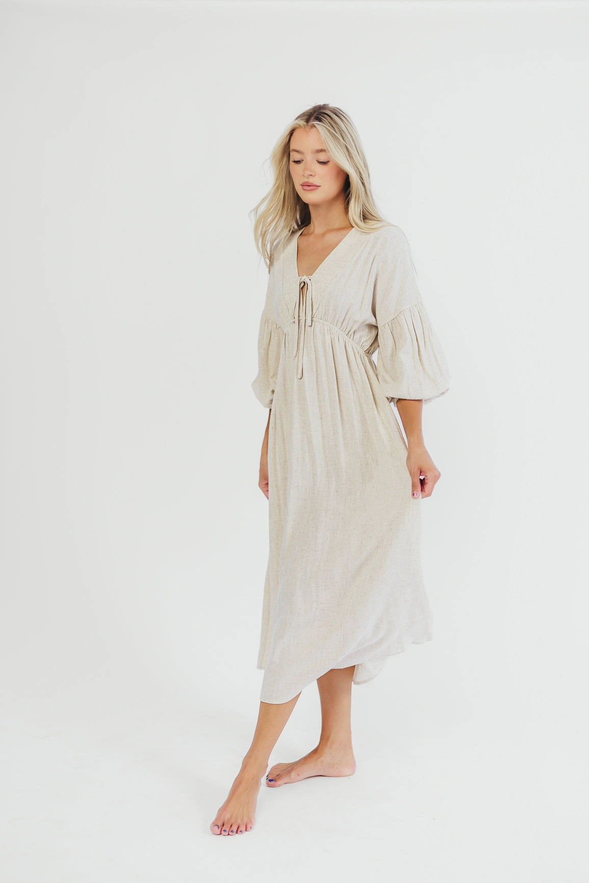 Hunter Linen-Blend Midi Dress in Greige - Bump Friendly and Inclusive Sizing