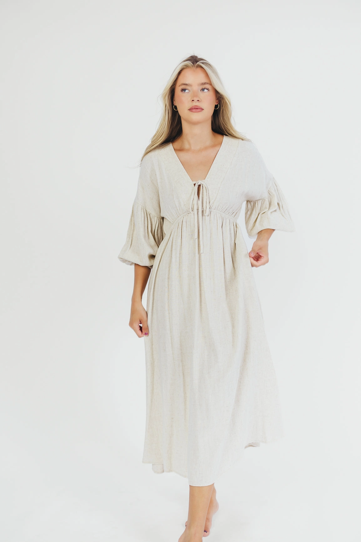 Hunter Linen-Blend Midi Dress in Greige - Bump Friendly and Inclusive Sizing
