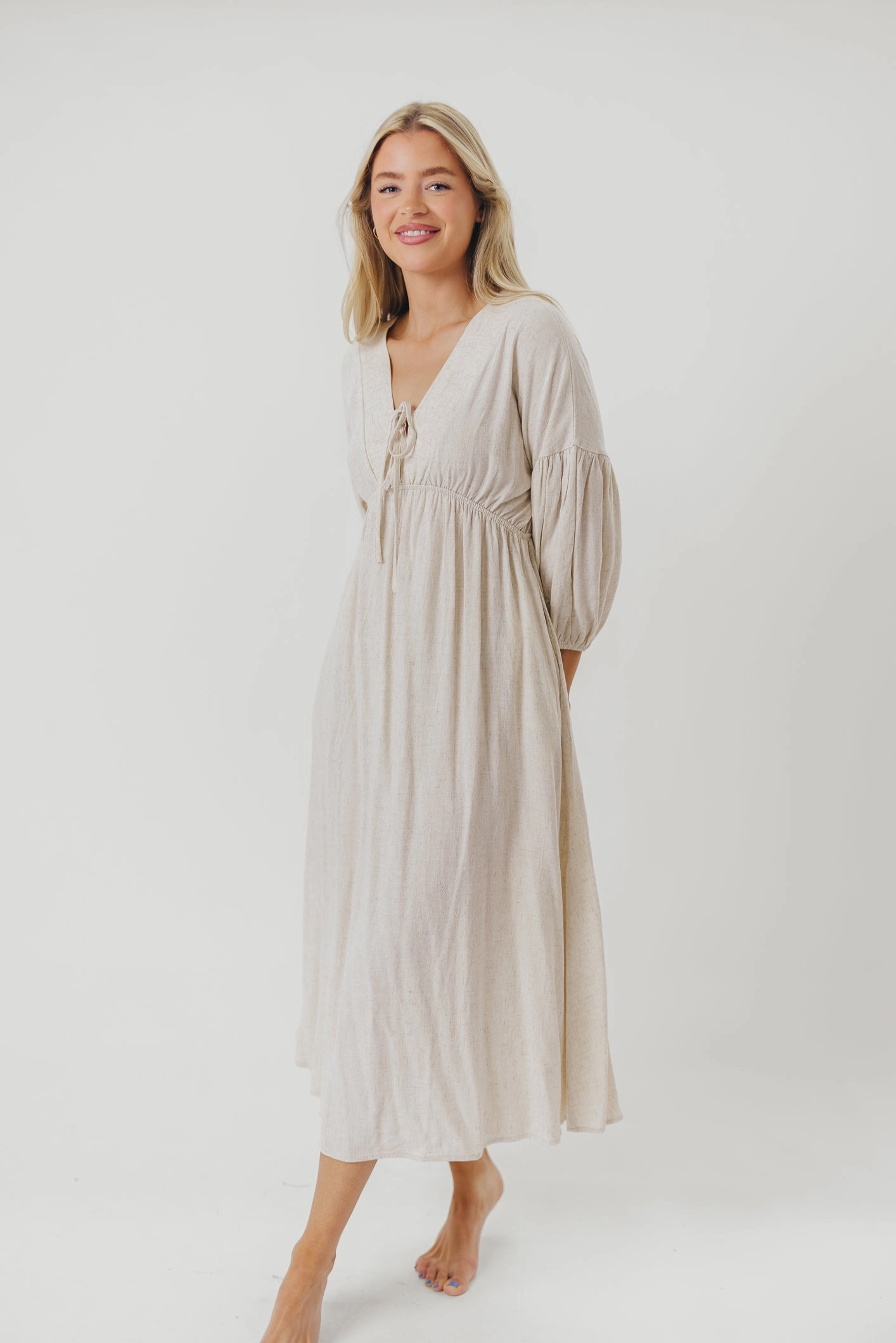 Hunter Linen-Blend Midi Dress in Greige - Bump Friendly and Inclusive Sizing