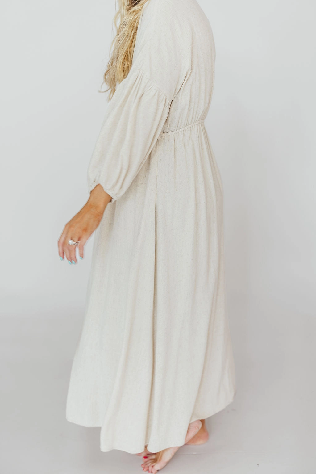Hunter Linen-Blend Midi Dress in Greige - Bump Friendly and Inclusive Sizing