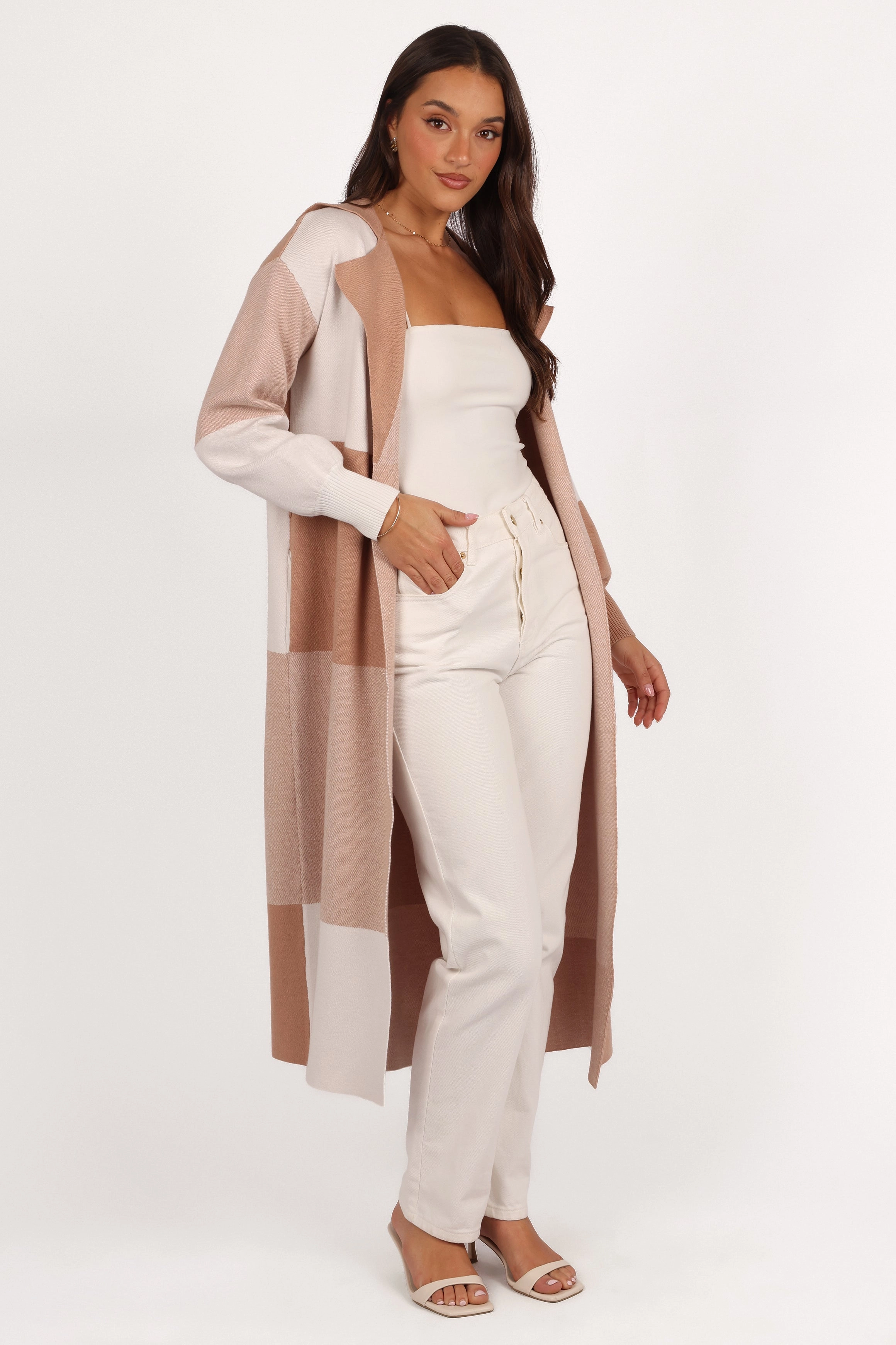 Kingston Large Check Long Cardigan - Beige Check