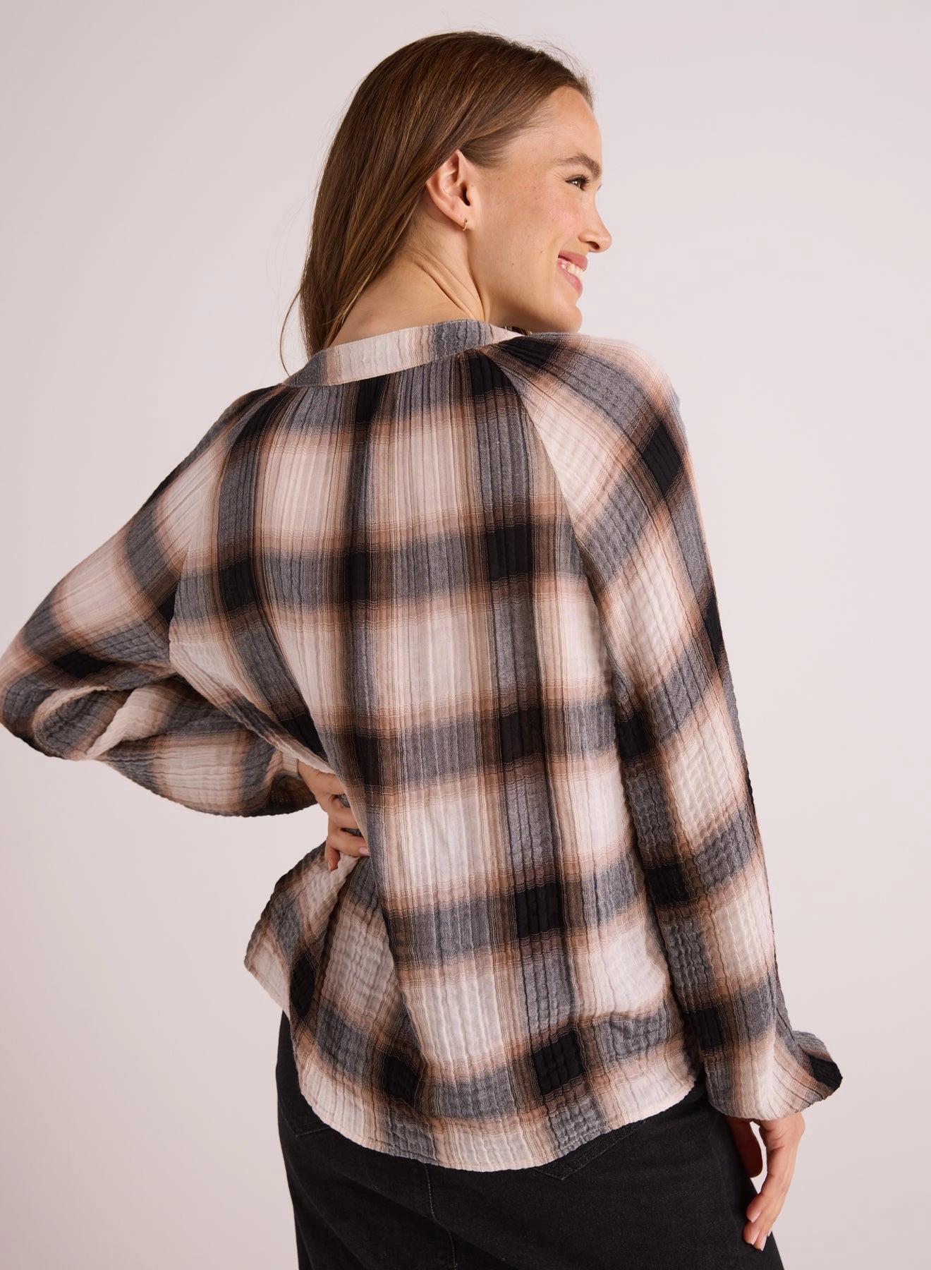 Long Sleeve Shirred Raglan Shirt - Winter Taupe Plaid