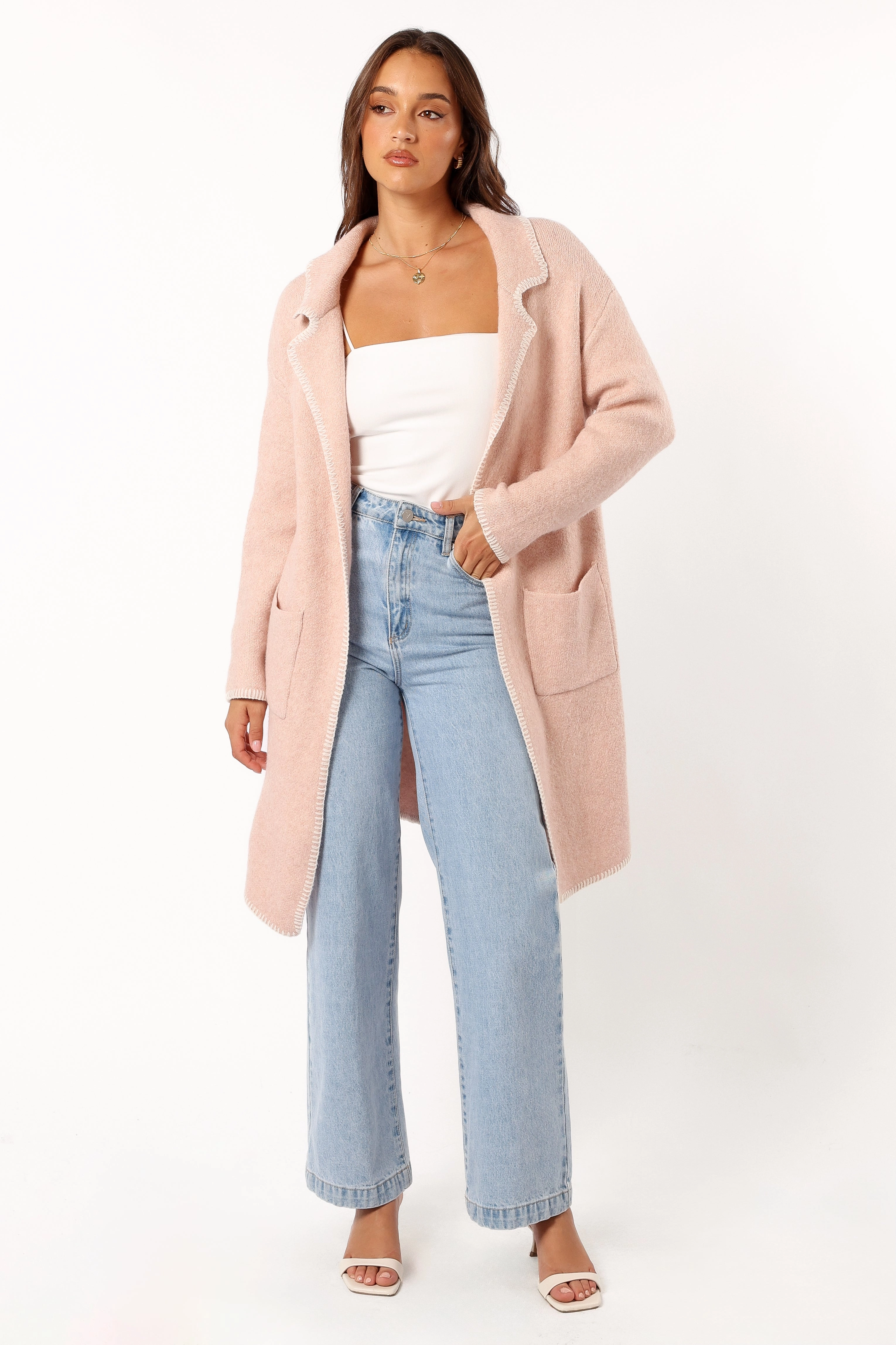 Oaklynn Contrast Stitch Coatigan - Pink