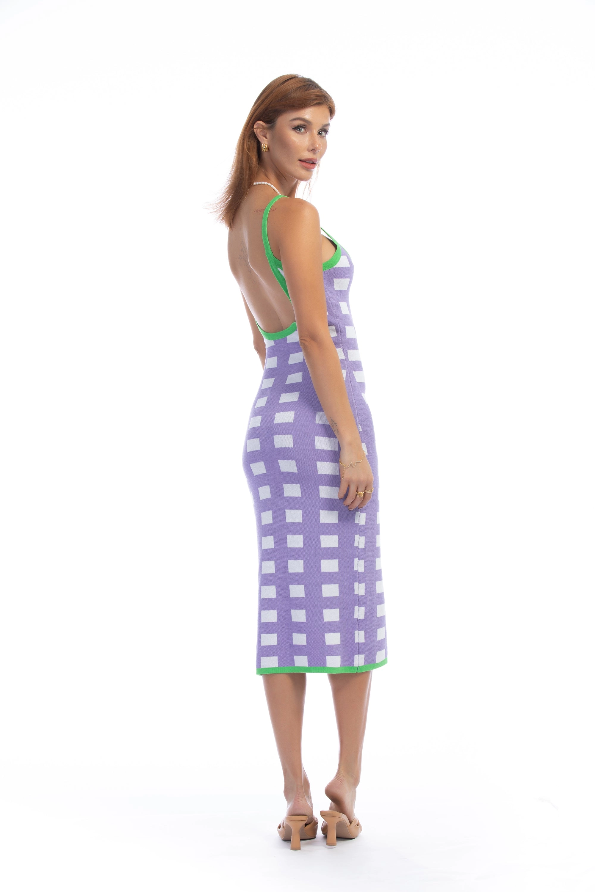 Purple Plaid Green Trim Knit Tight Maxi Dress
