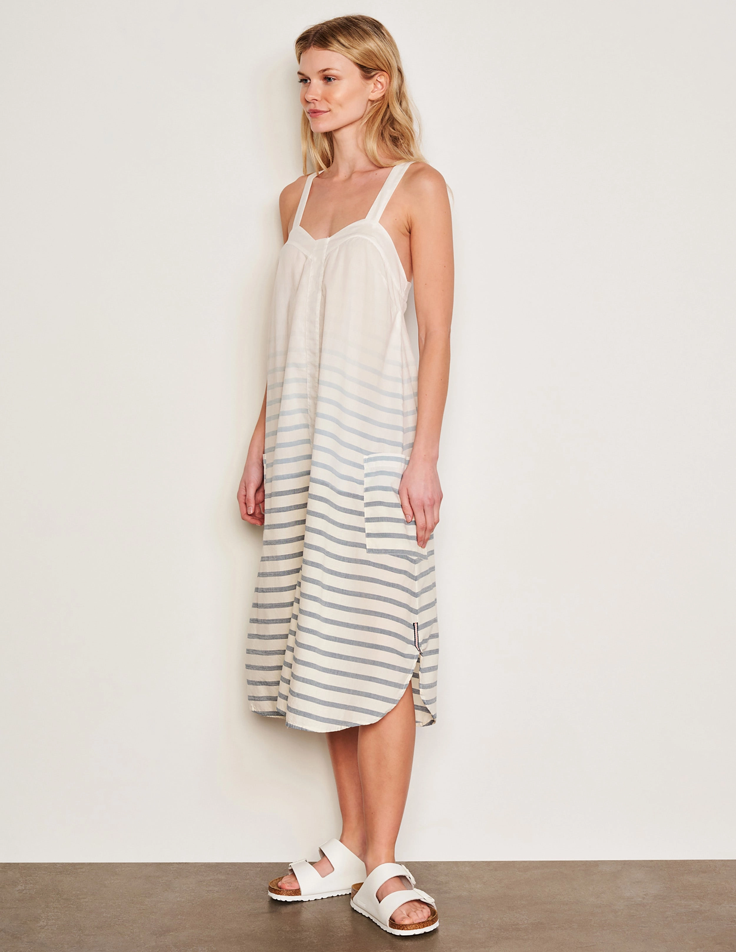 Sundry Changing Tide Stripe Midi Apron Dress in Deep Navy