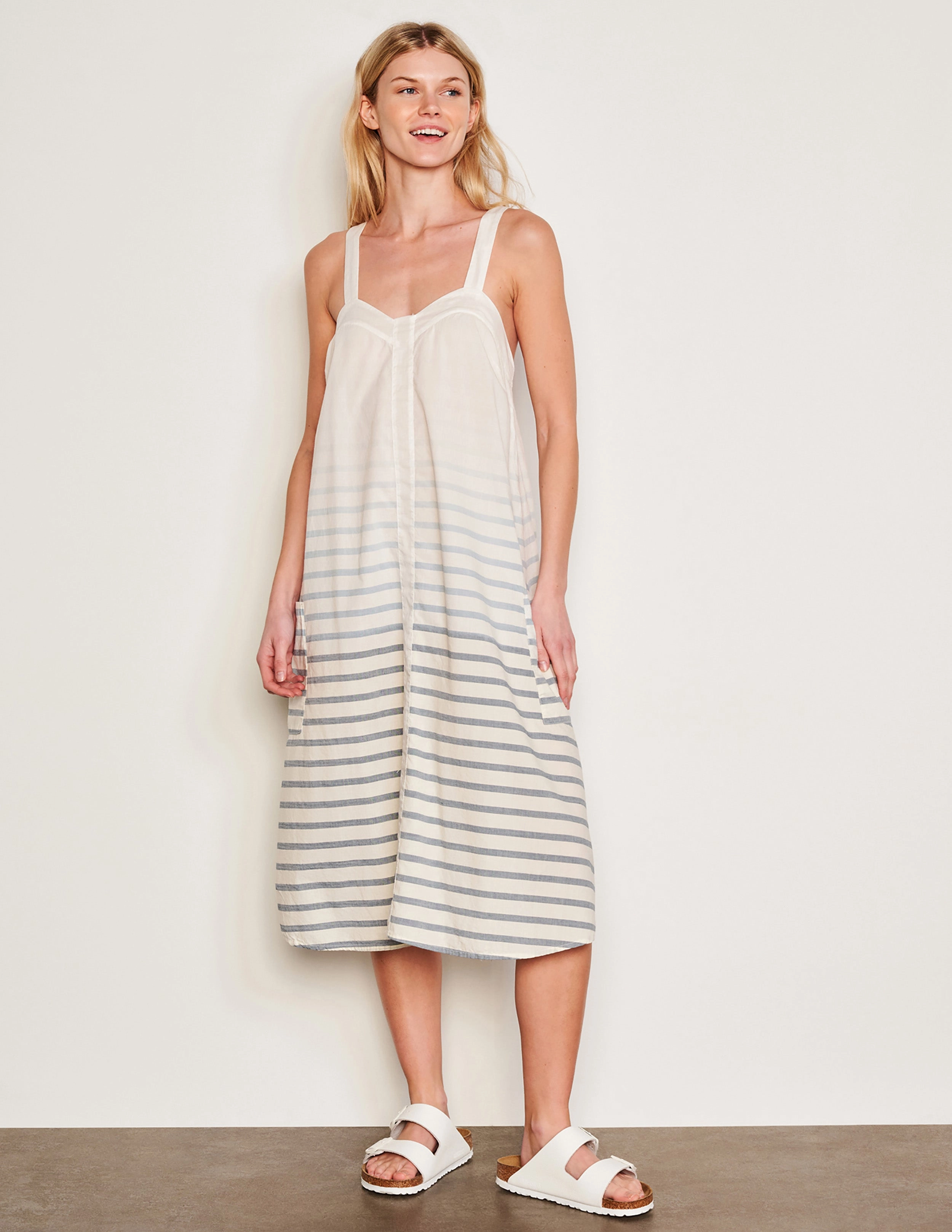 Sundry Changing Tide Stripe Midi Apron Dress in Deep Navy