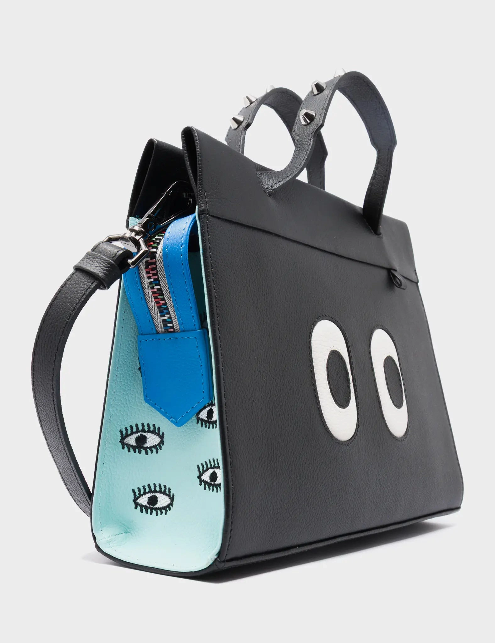 Vali Crossbody Small Black and Water Ballet Blue Leather Bag - All Over Eyes Embroidery
