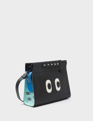 Vali Crossbody Small Black and Water Ballet Blue Leather Bag - All Over Eyes Embroidery