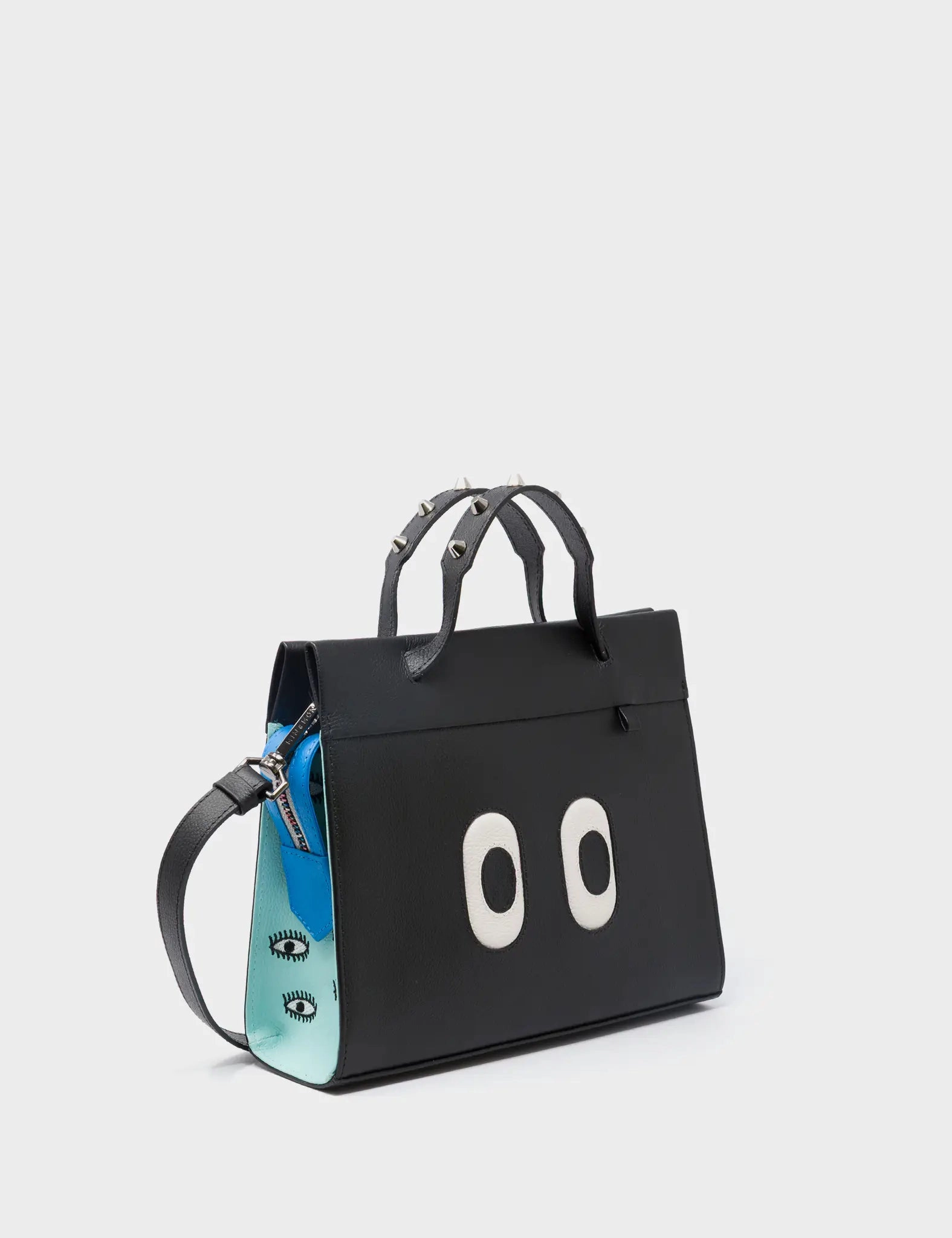 Vali Crossbody Small Black and Water Ballet Blue Leather Bag - All Over Eyes Embroidery