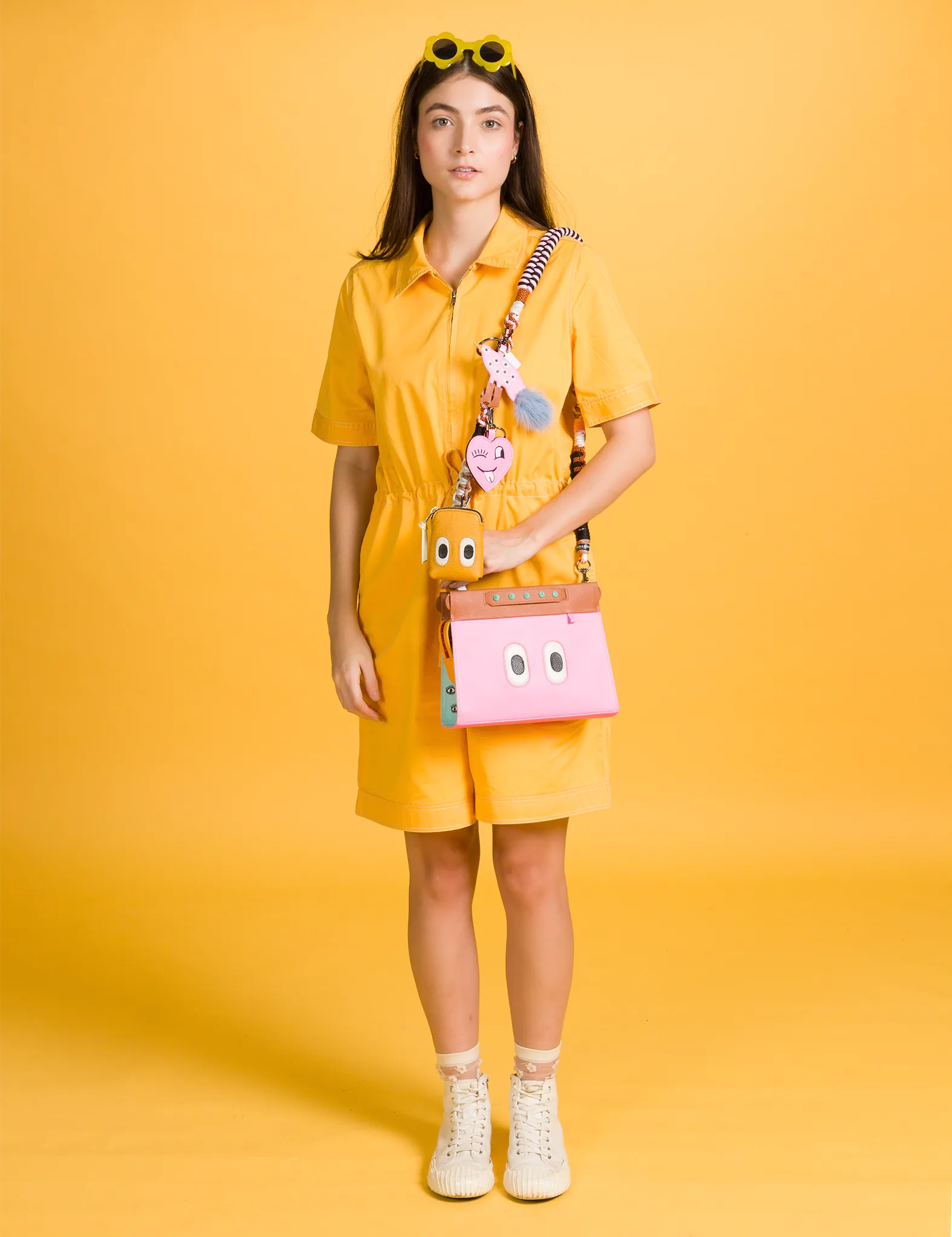 Vali Crossbody Small Caramel and Taffy Pink Leather Bag - All Over Eyes Embroidery
