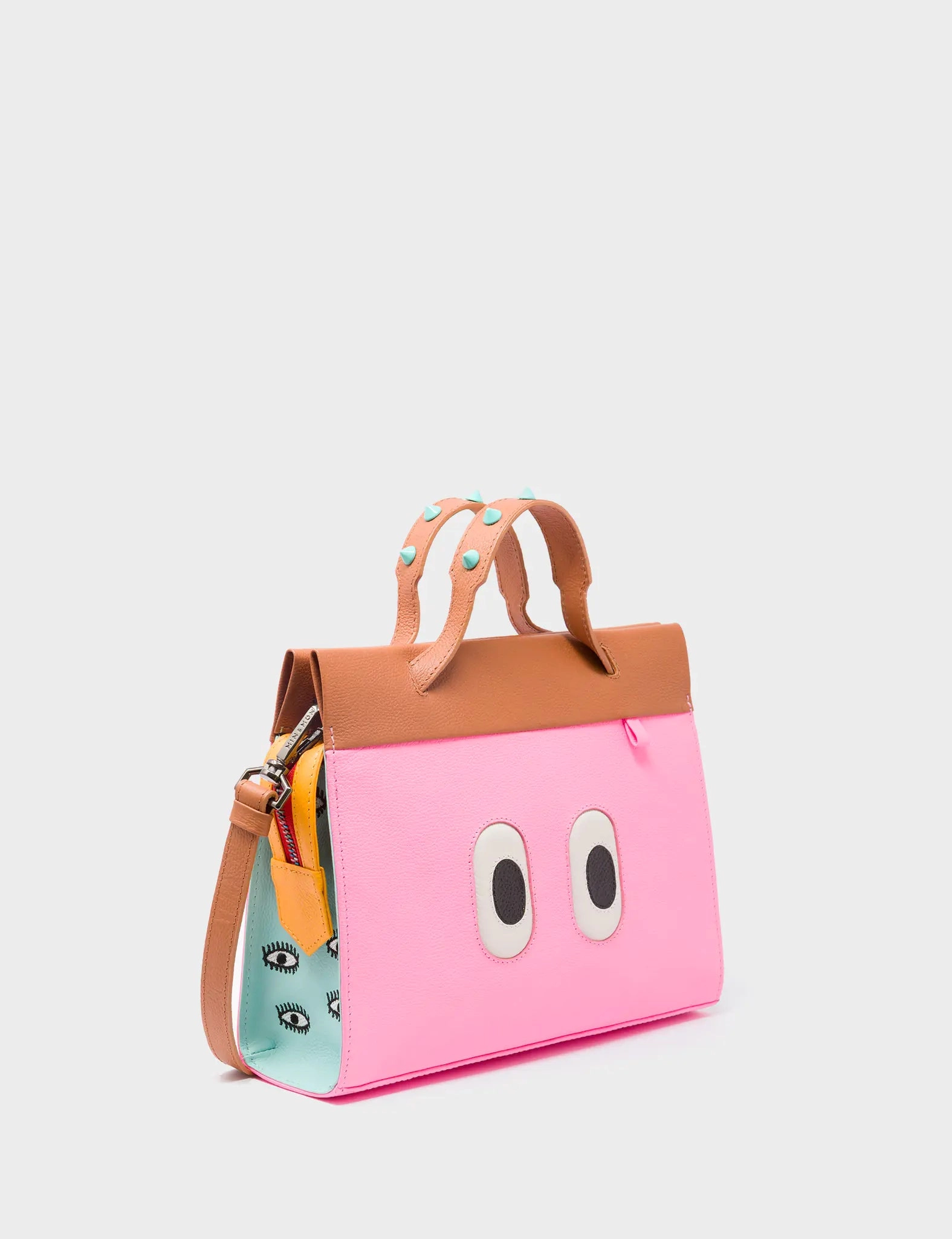 Vali Crossbody Small Caramel and Taffy Pink Leather Bag - All Over Eyes Embroidery
