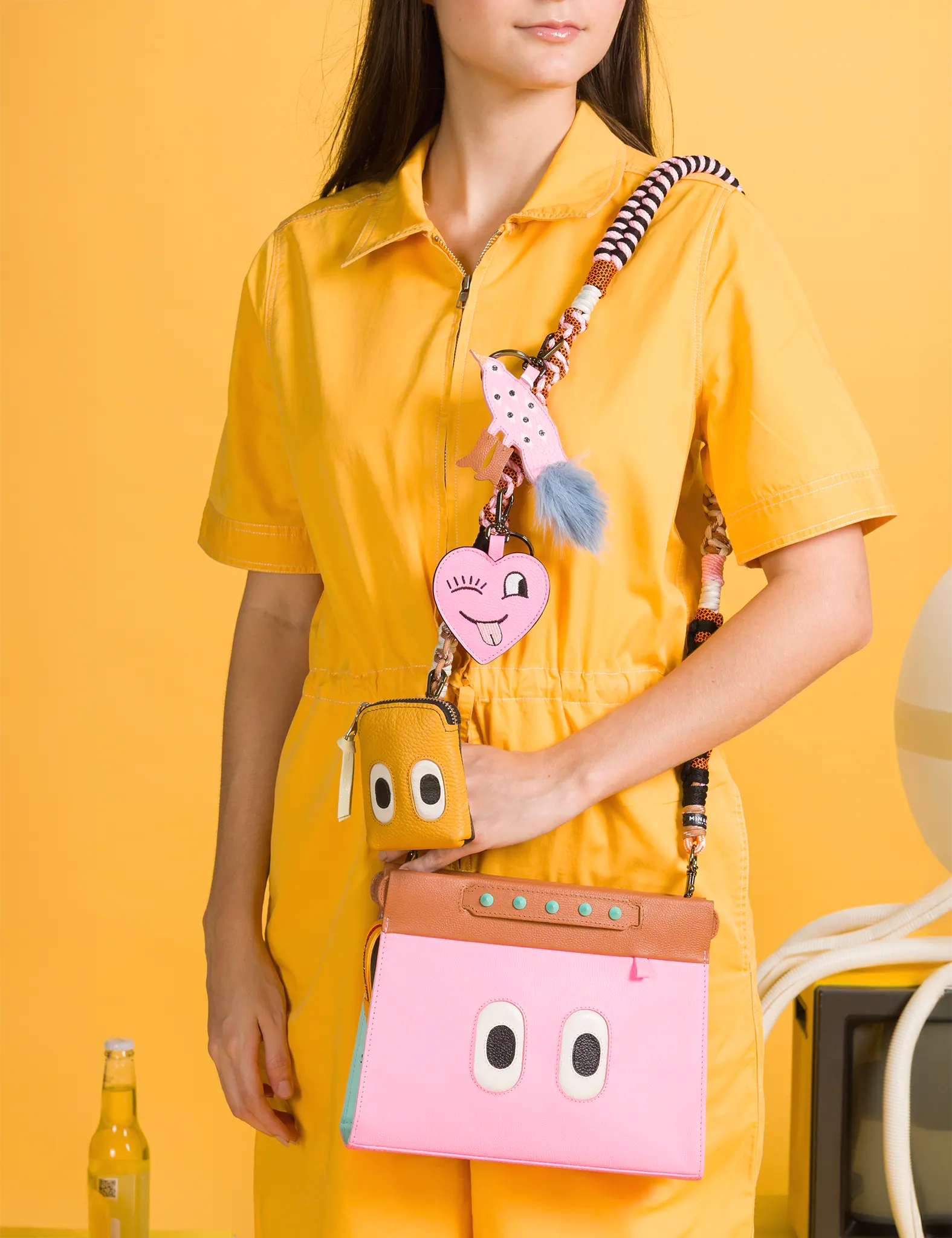 Vali Crossbody Small Caramel and Taffy Pink Leather Bag - All Over Eyes Embroidery