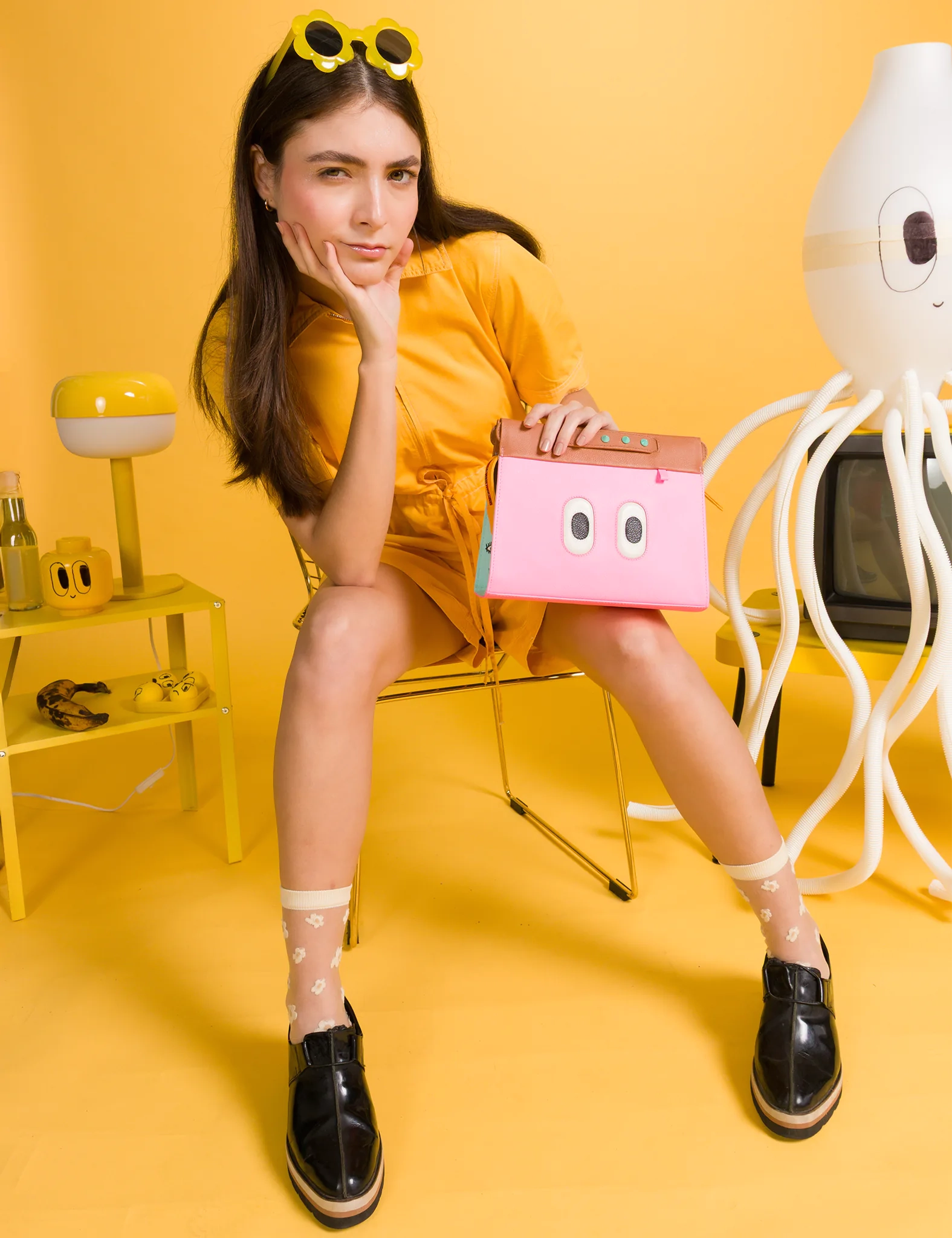 Vali Crossbody Small Caramel and Taffy Pink Leather Bag - All Over Eyes Embroidery