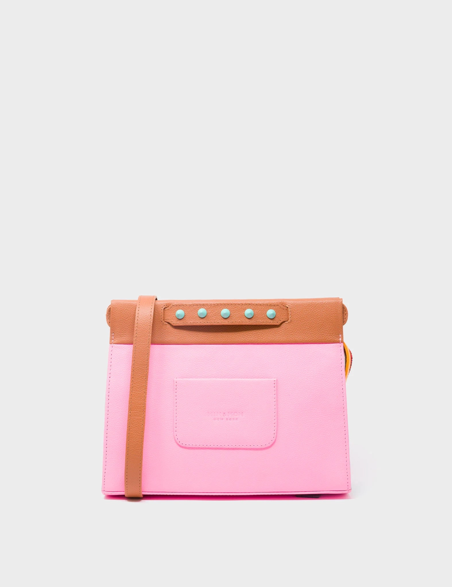 Vali Crossbody Small Caramel and Taffy Pink Leather Bag - All Over Eyes Embroidery