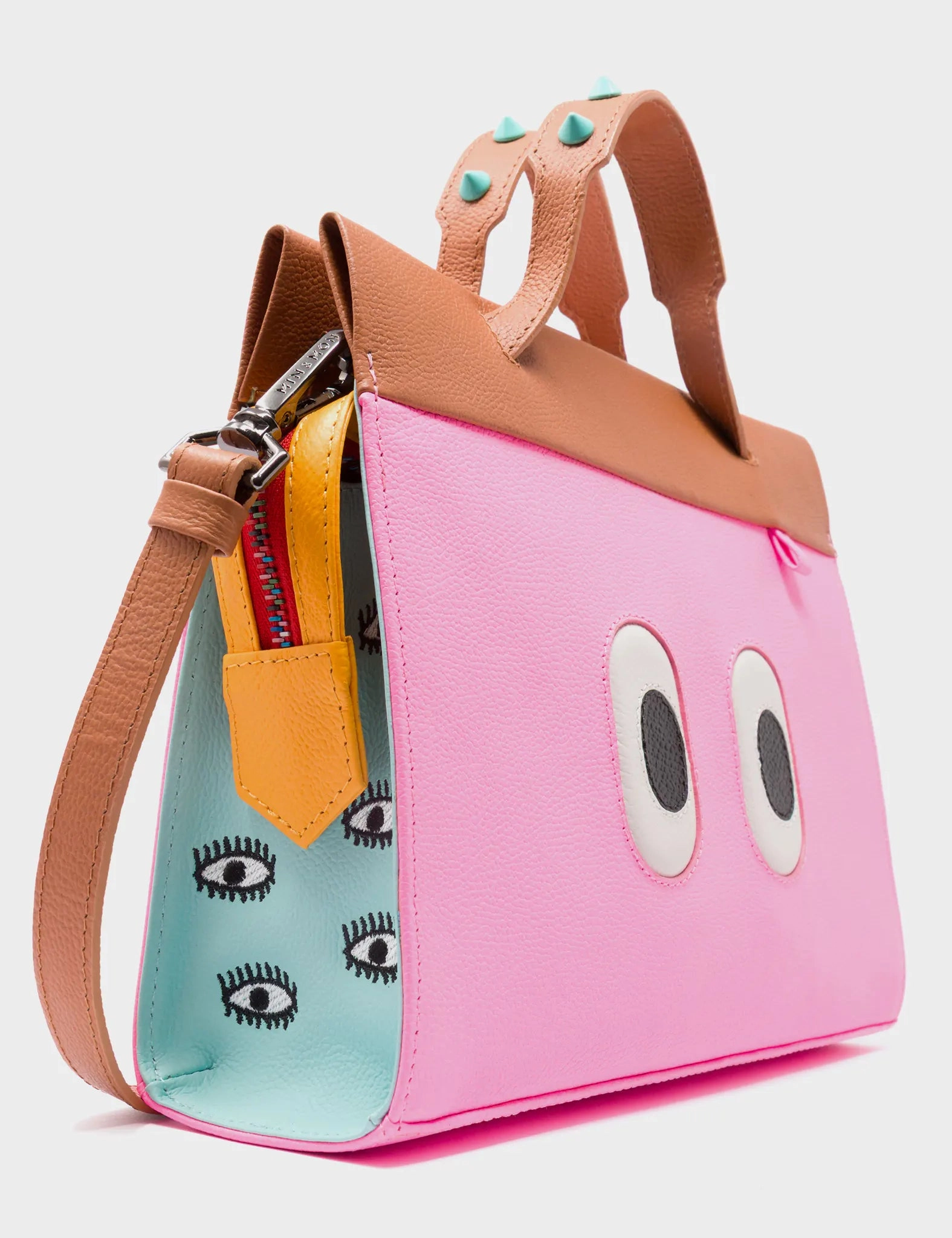 Vali Crossbody Small Caramel and Taffy Pink Leather Bag - All Over Eyes Embroidery